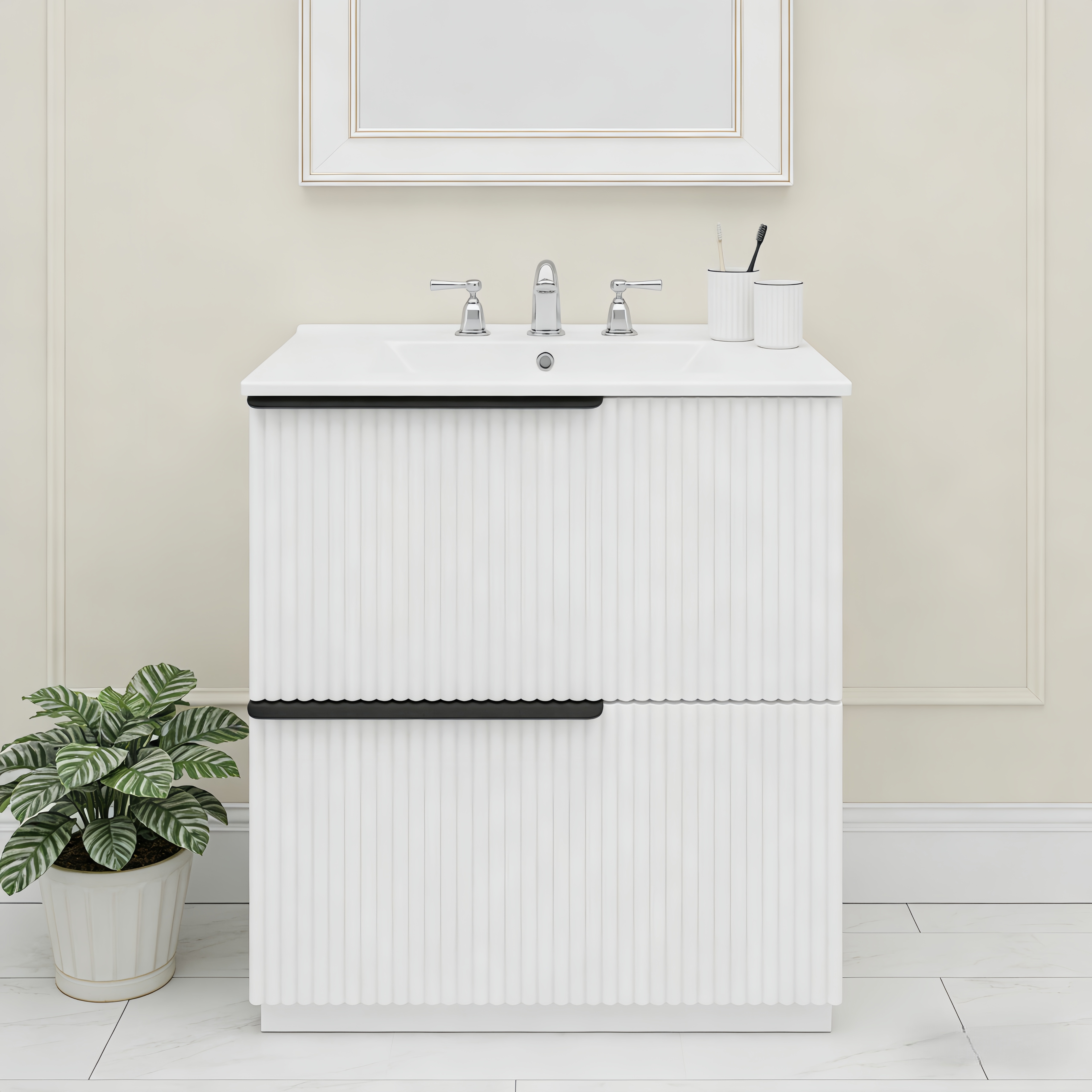 30  Bathroom Vanity With Ceramic Sink And Full-Extension Drawers, Freestanding Bathroom Vanity With Soft Close Drawer Slides, Fluted Design, White