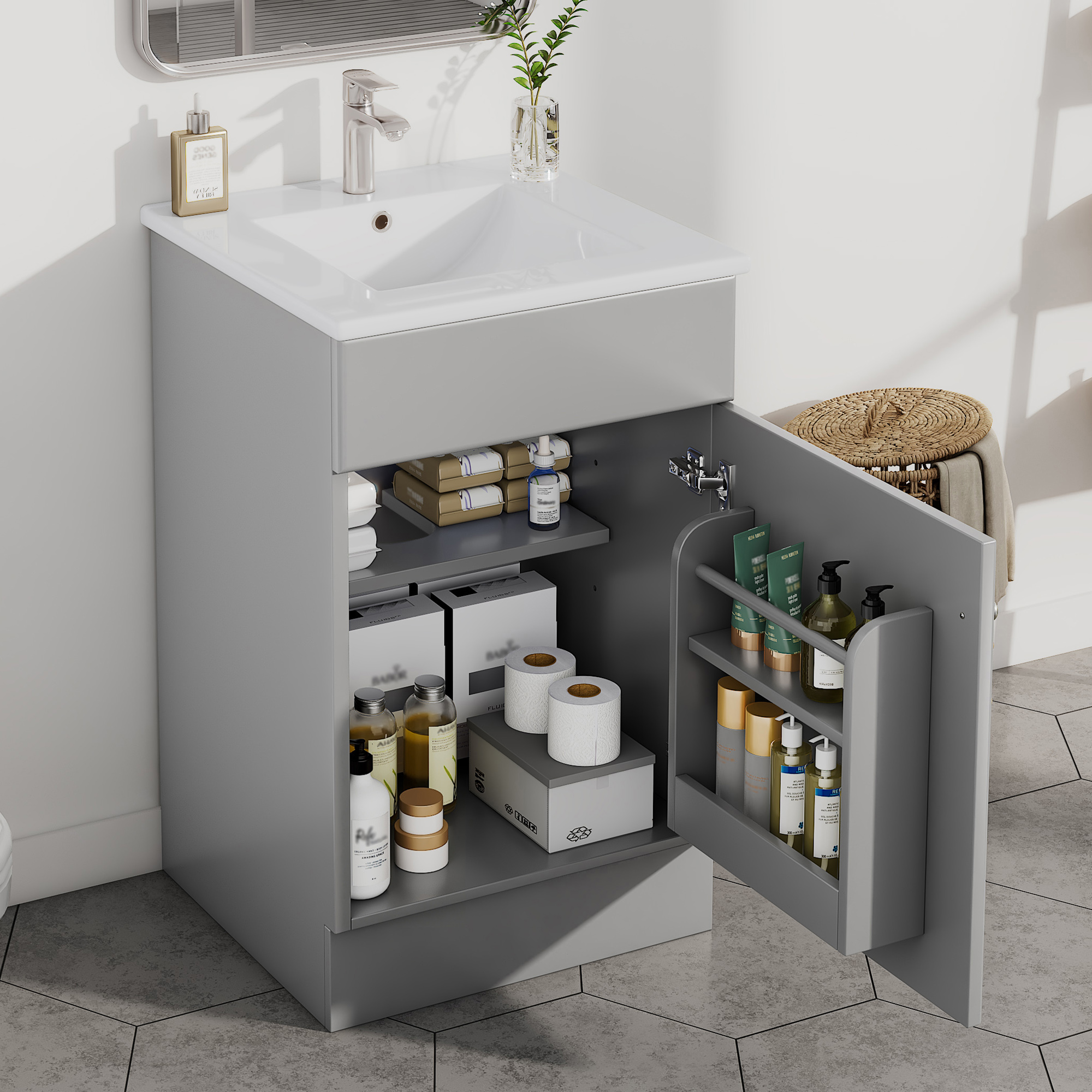 Video 20 Bathroom Vanity With Sink, Vanity Cabinet With Door Shelf And Adjustable Shelf, Gray