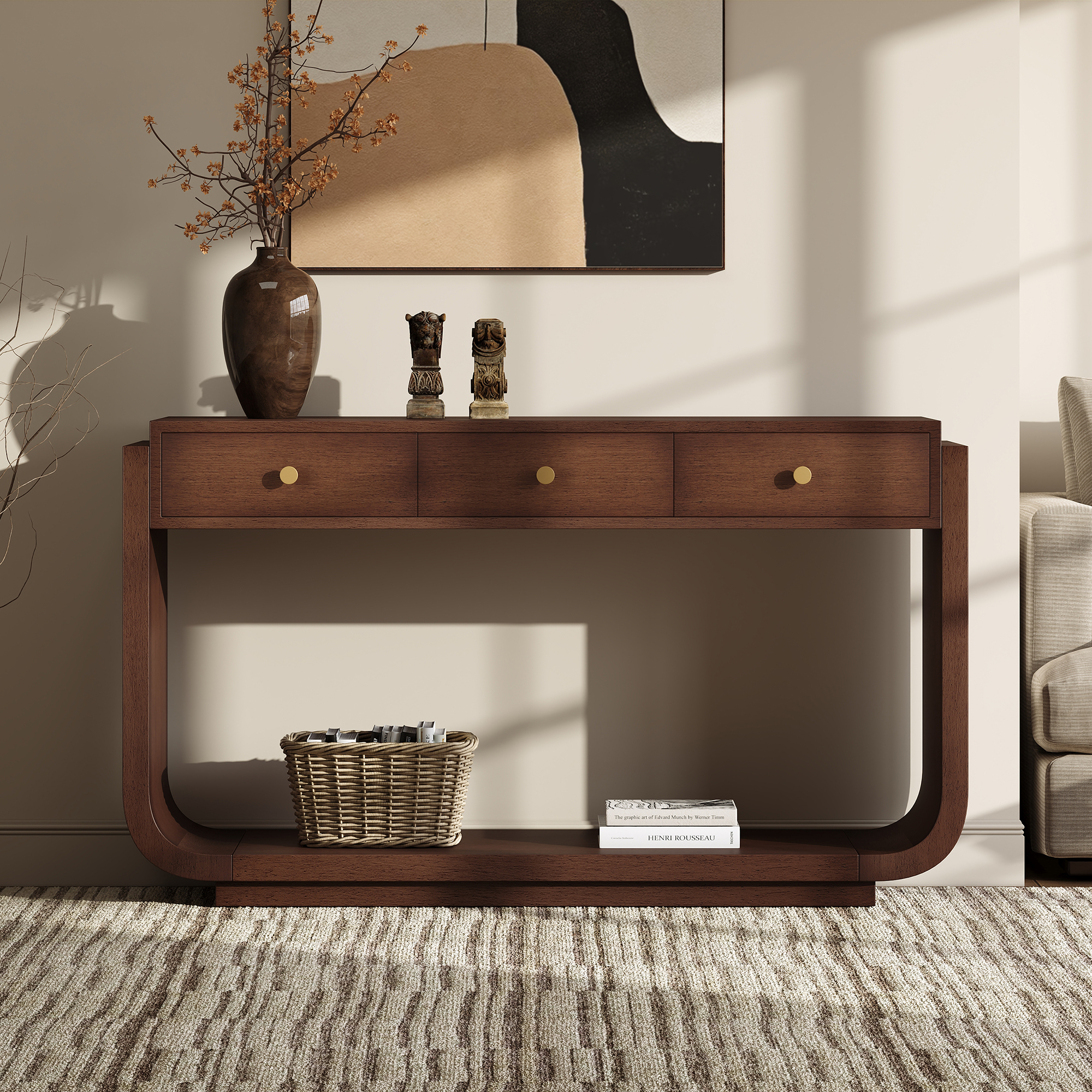 Classic-Style Console Table, 3 Storage Drawers, Display Shelf, Curved Legs, Painted Finish, Entryway Hallway Living Room, Walnut