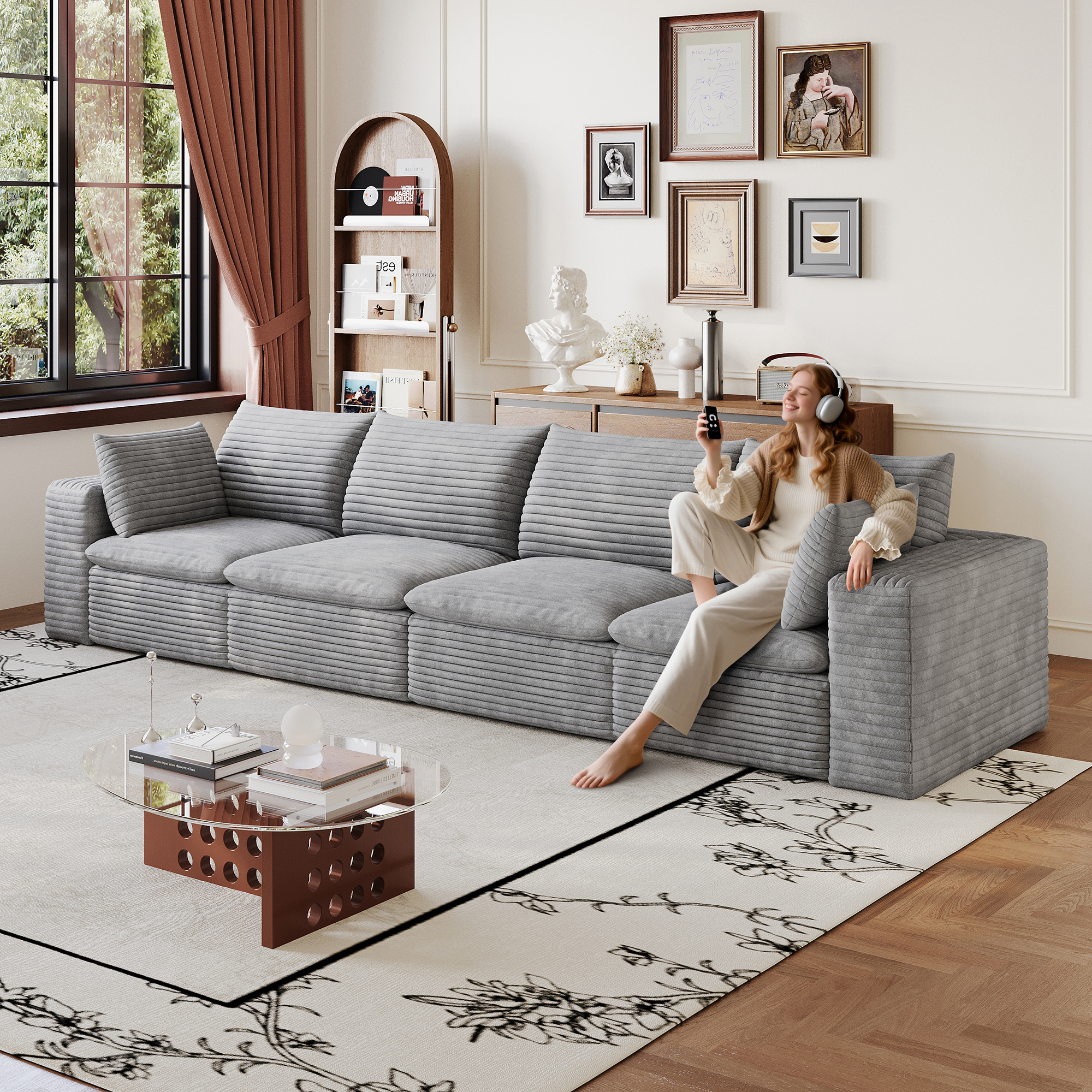 134  Cloud Sofa,Corduroy Fabric,Deep Seat Couches,Double-layer Design,Removable  Cushion,No Assembly, DIY Combination For Living Room, Bedroom,Conference Room ,Apartment,Grey