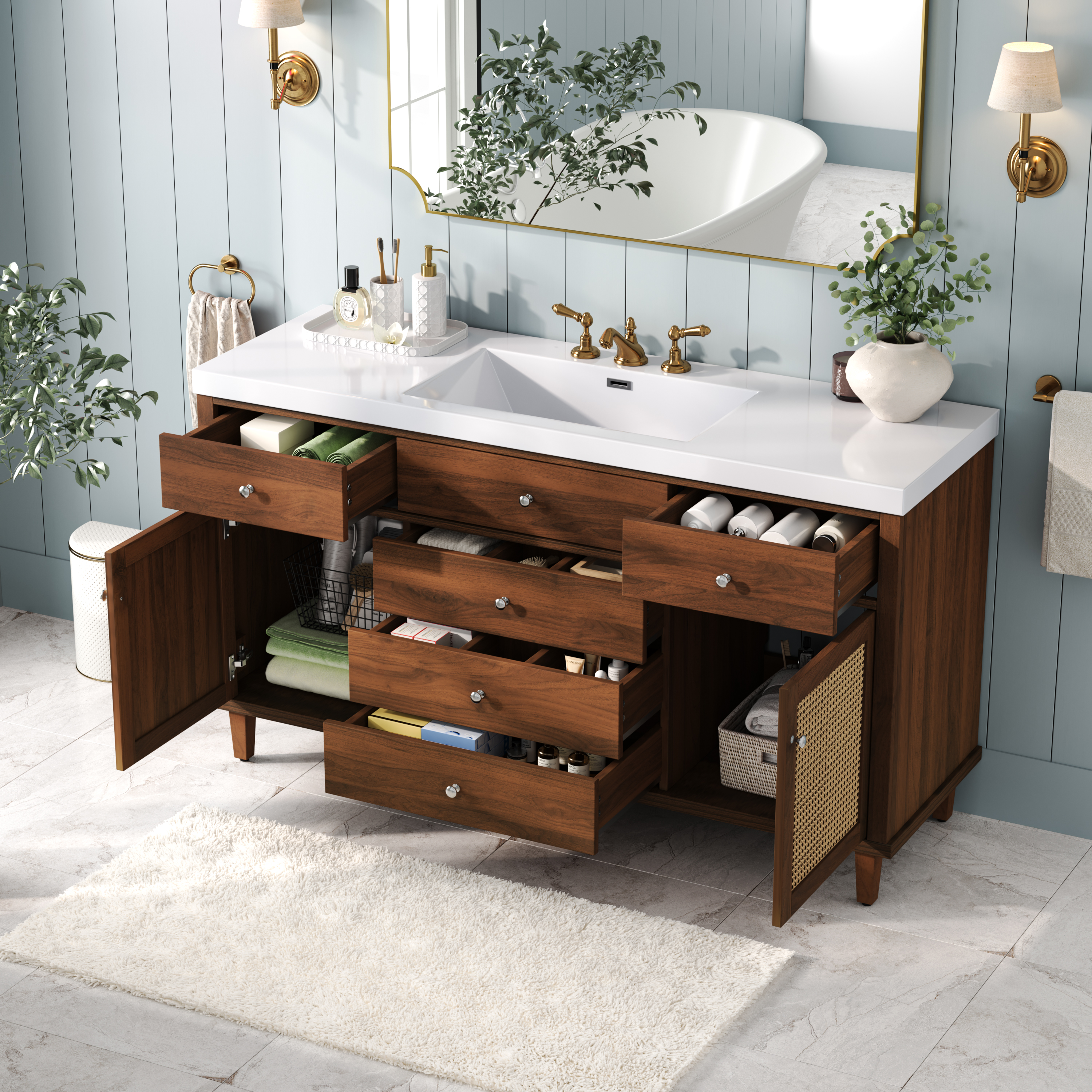 60  Bathroom Vanity With SMC Sink, Modern Large Storage Bathroom Storage Cabinet With Soft Close Drawers And Rattan Doors, Silver Metal Knobs And 5 Pine Legs, Brown