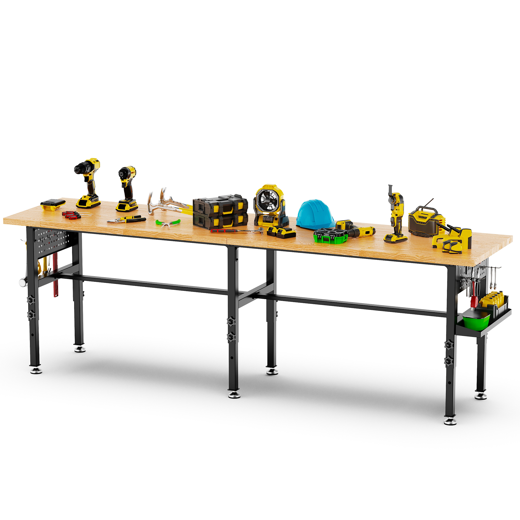 96  Adjustable Workbench With Side Pegboard, Solid Wood Top, 2000 Lbs Capacity, Adjustable Height Garage Work Table With Power Outlet, Storage Box, Wheels Or Leveling Feet