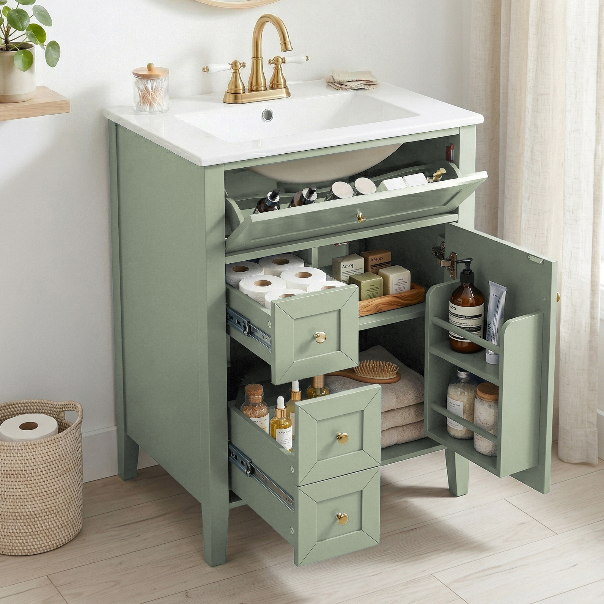 Video 24  Bathroom Vanity With Sink,Ceramic Sink,Bathroom Cabinet With 1 Tip-out Drawers And 2 Pull-out Storage Drawers, Soft-Closing Door With Storage Rack, Solid Wood Legs, One Package,Light Green