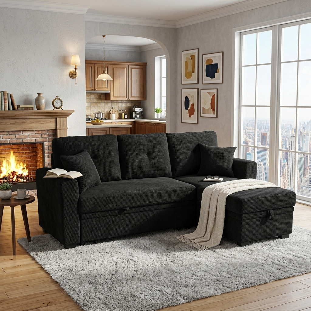 Sleeper Sofa, Sectional With Pull-Out Bed, Reversible Chaise, Storage Sectional,  Black Breathable  Fabric, Small Space Solution, Convertible Sofa Bed, Living Room Furniture, L-Shaped Sofa