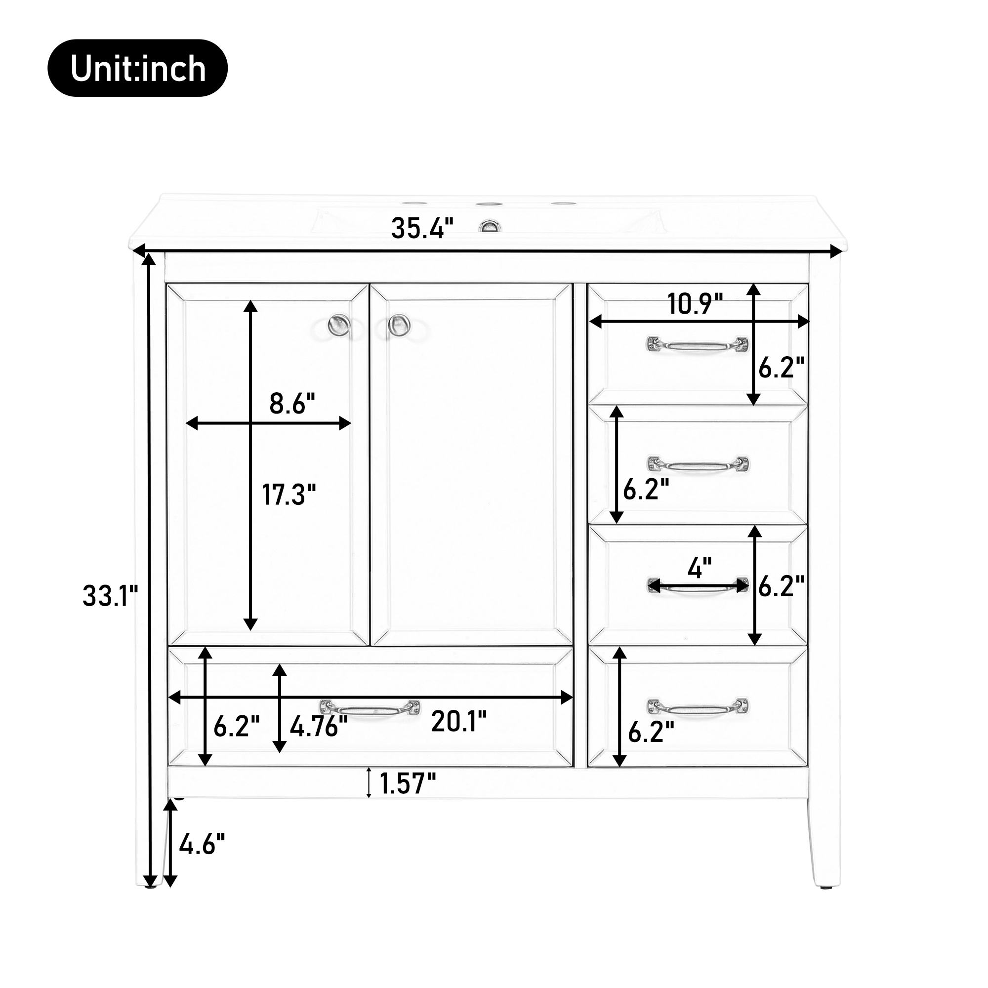36  Bathroom Vanity With Sink, Bathroom Cabinet With Soft-Closing Door, 4 Drawers Of Different Sizes, Solid Wood Frame And Leg, Two Packages, Blue