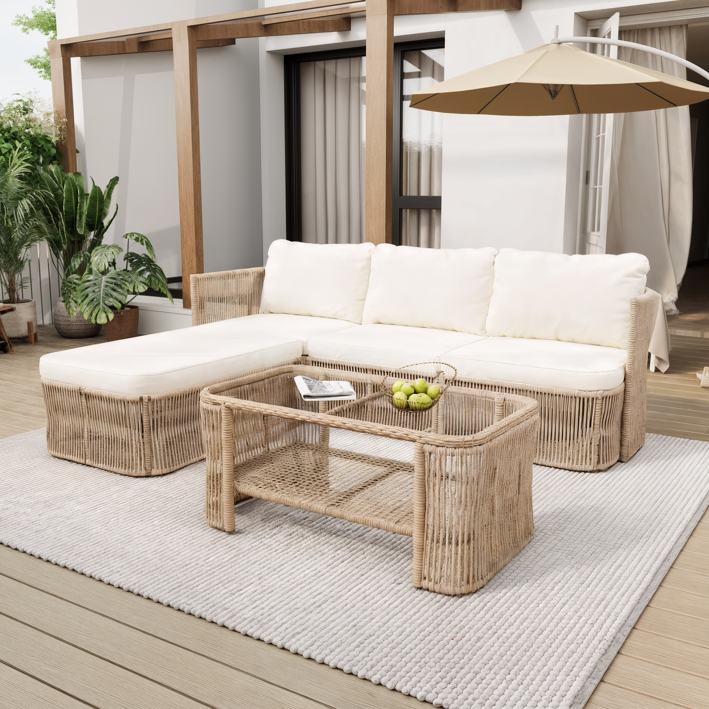 Outdoor PE Rattan Patio Furniture Set With Iron Frame, Dark Beige Wicker Conversation Sofa