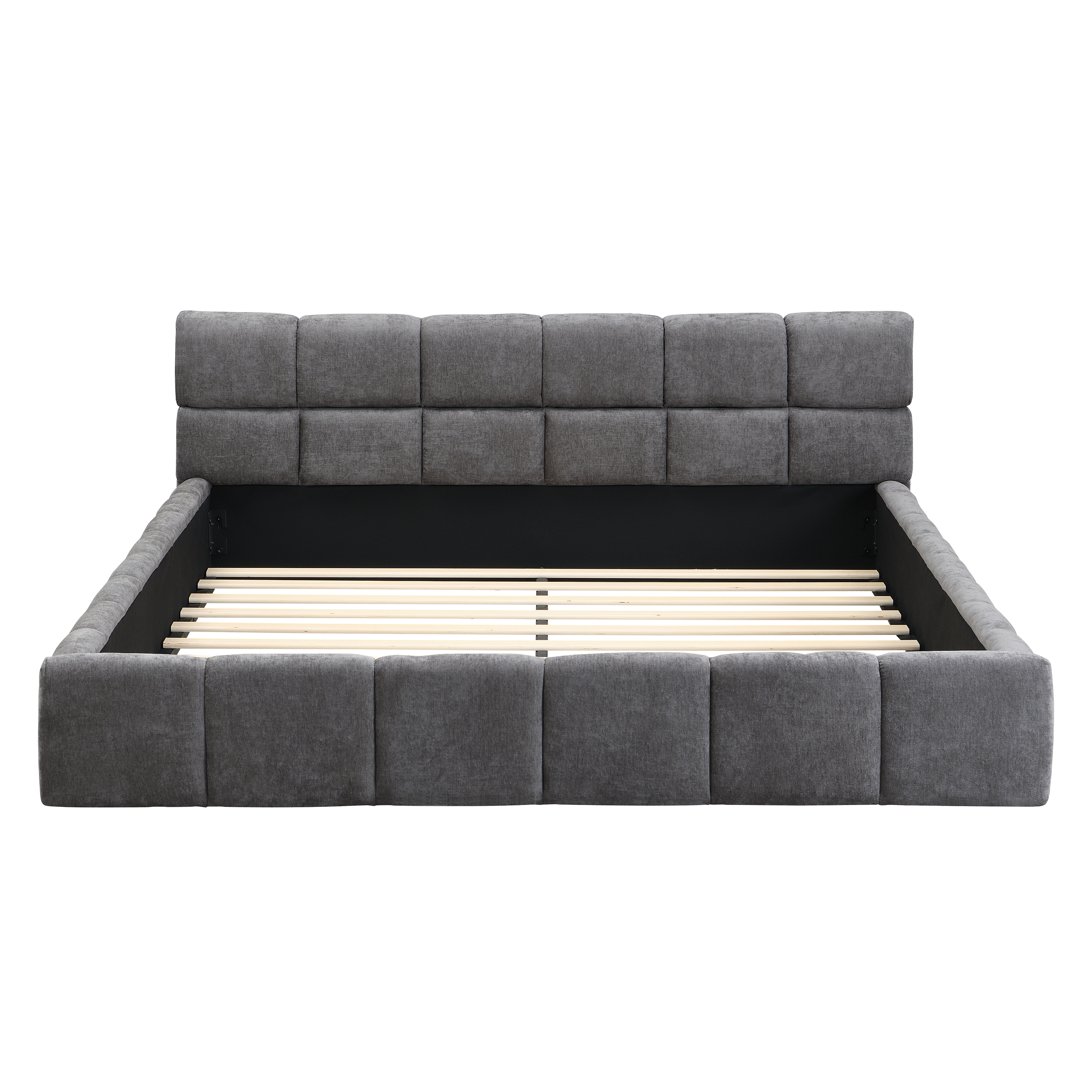 Elegant Chenille Upholstered Bed With Checkerboard Design, Queen, Grey