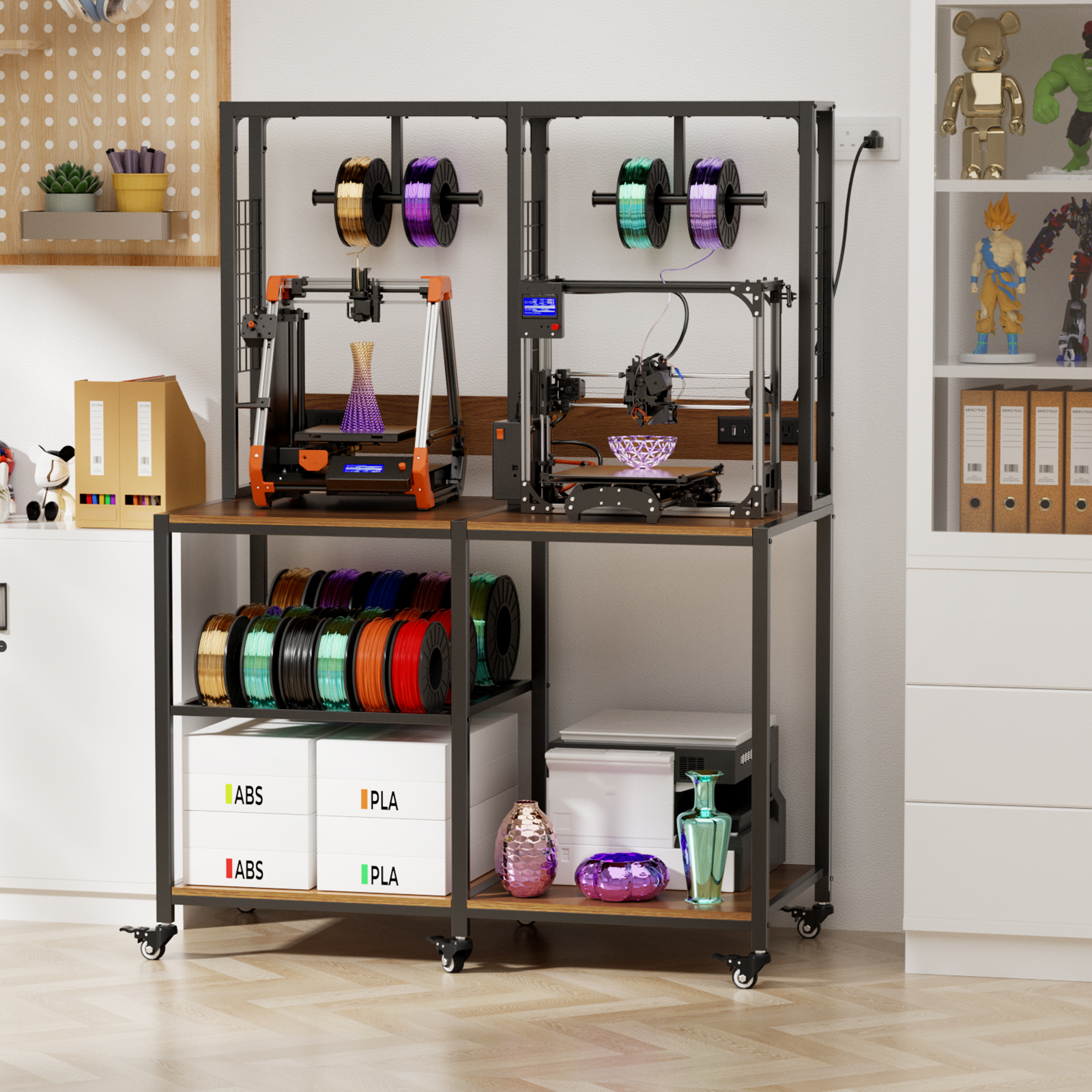 Double 3D Printer Stand With Filament Storage, Heavy-Duty Metal Frame Dual 3D Printer Table Workbench, T-Type Filament Holder, Lockable Wheels, Mobile Or Fixed Printer Rack For Home & Workshop