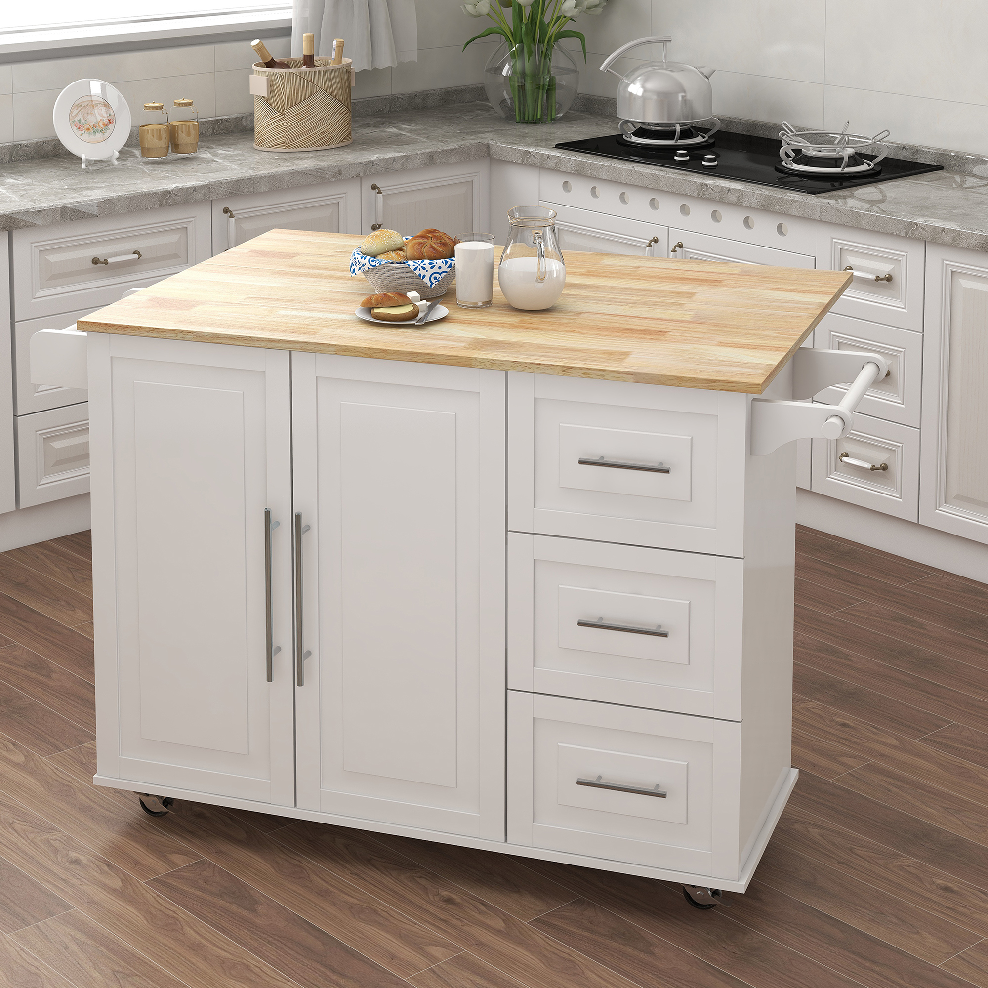 Kitchen Island With Spice Rack, Towel Rack And Extensible Solid Wood Table Top-White