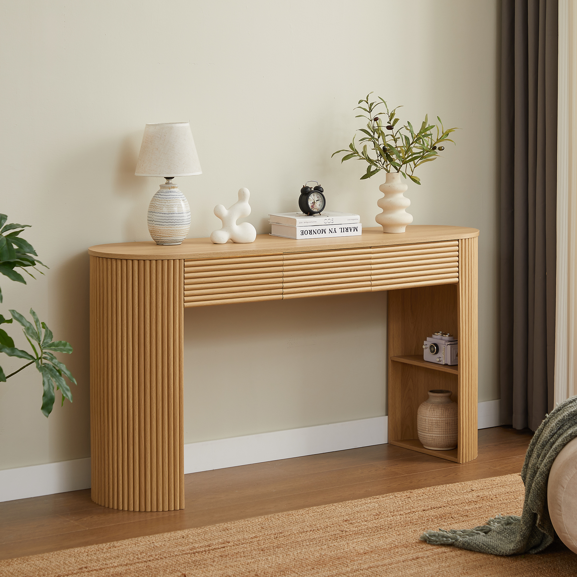 Retro Console Table With Storage, 3 Drawers, 1 Table-Leg Niche,  Round Slat Aesthetic, Entryway, Living Room & Hallway, Nature