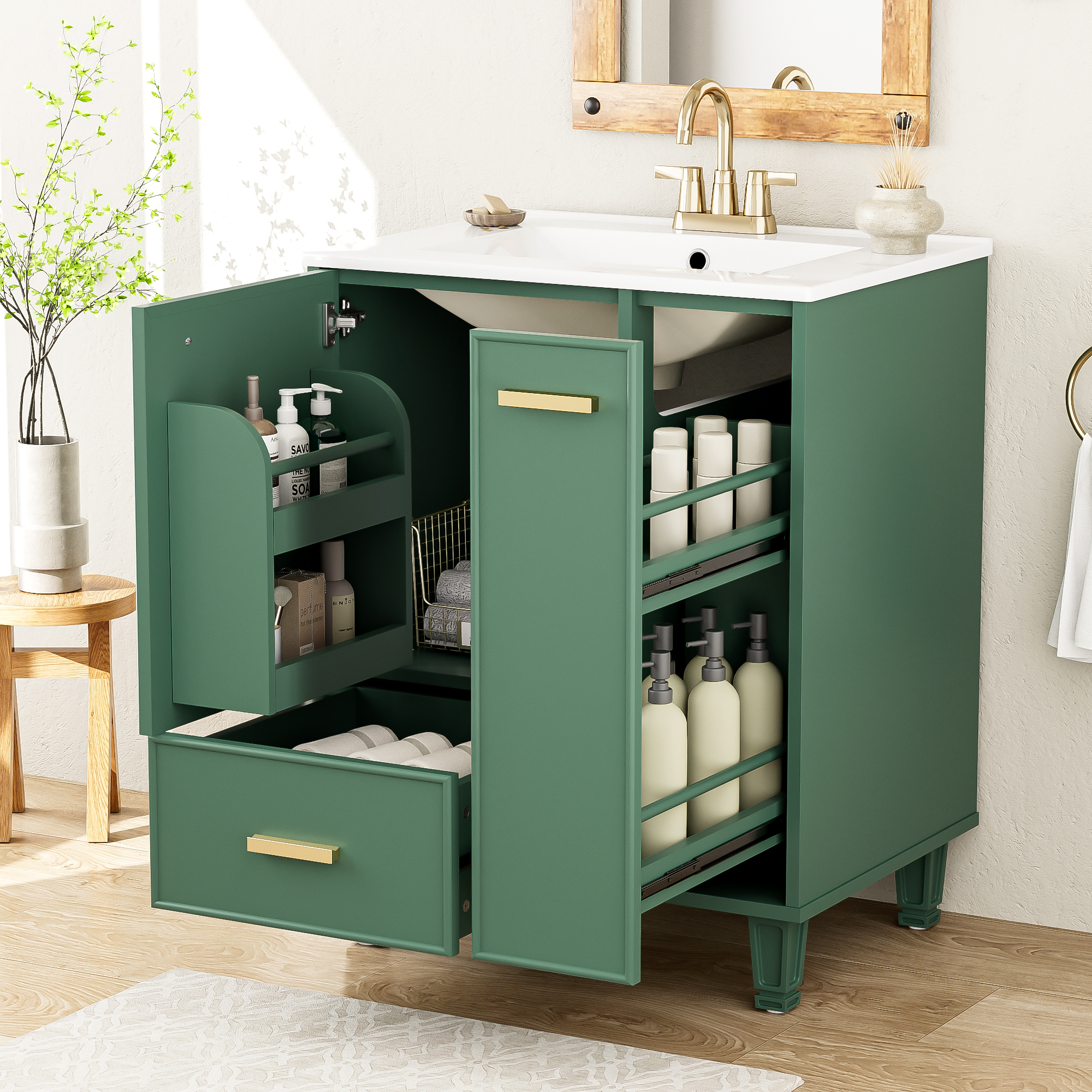 24  Bathroom Vanity With Sink, Bathroom Cabinet With Door Shelf, Deep Drawer, 2-Tier Pull-Out Basket, Solid Wood Frame And MDF Board, One Package, Green