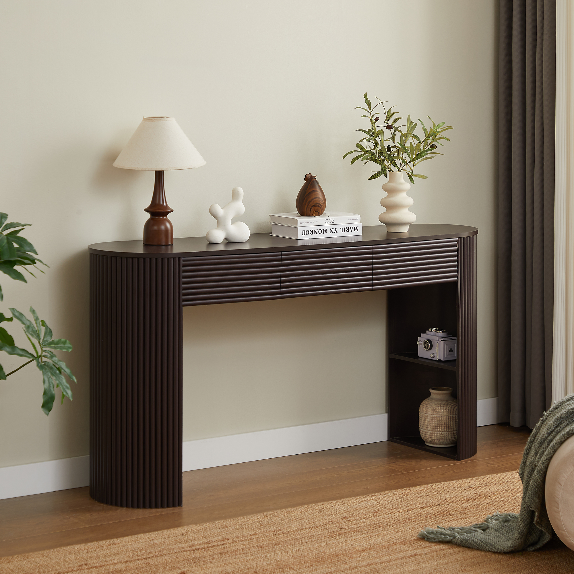 Video Retro Console Table With Storage, 3 Drawers, 1 Table-Leg Niche, Round Slat Aesthetic, Entryway, Living Room & Hallway, Espresso