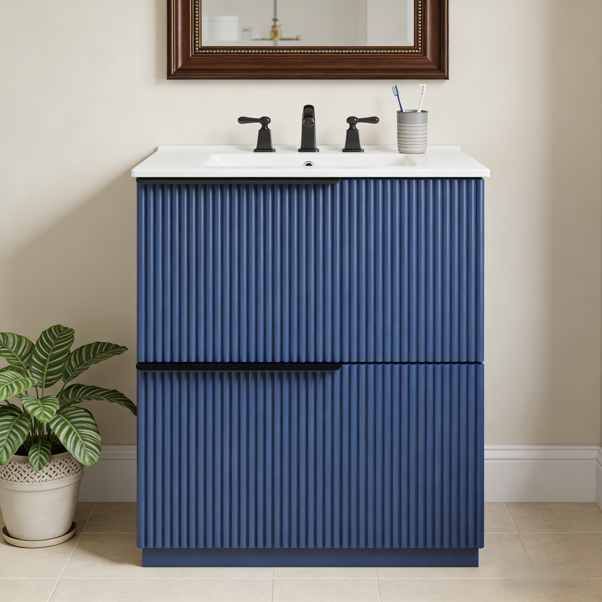 30  Bathroom Vanity With Ceramic Sink And Full-Extension Drawers, Freestanding Bathroom Vanity With Soft Close Drawer Slides, Fluted Design, Blue