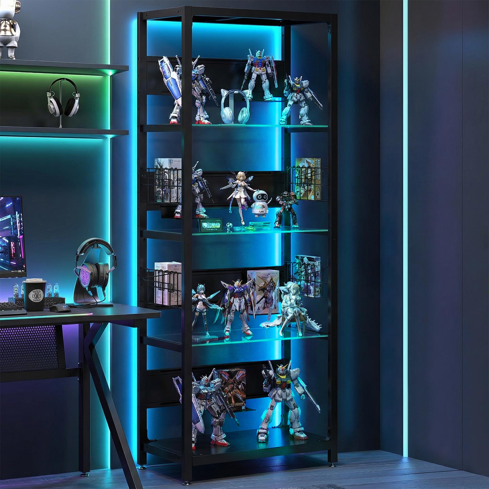 4-Tier Glass Display Shelf With RGB Lights, LED Lighted Curio Cabinet With Adjustable Storage Box & Hooks, Metal Frame Standing Shelf For Collectibles, Plants, Books, Living Room, Bedroom, Office