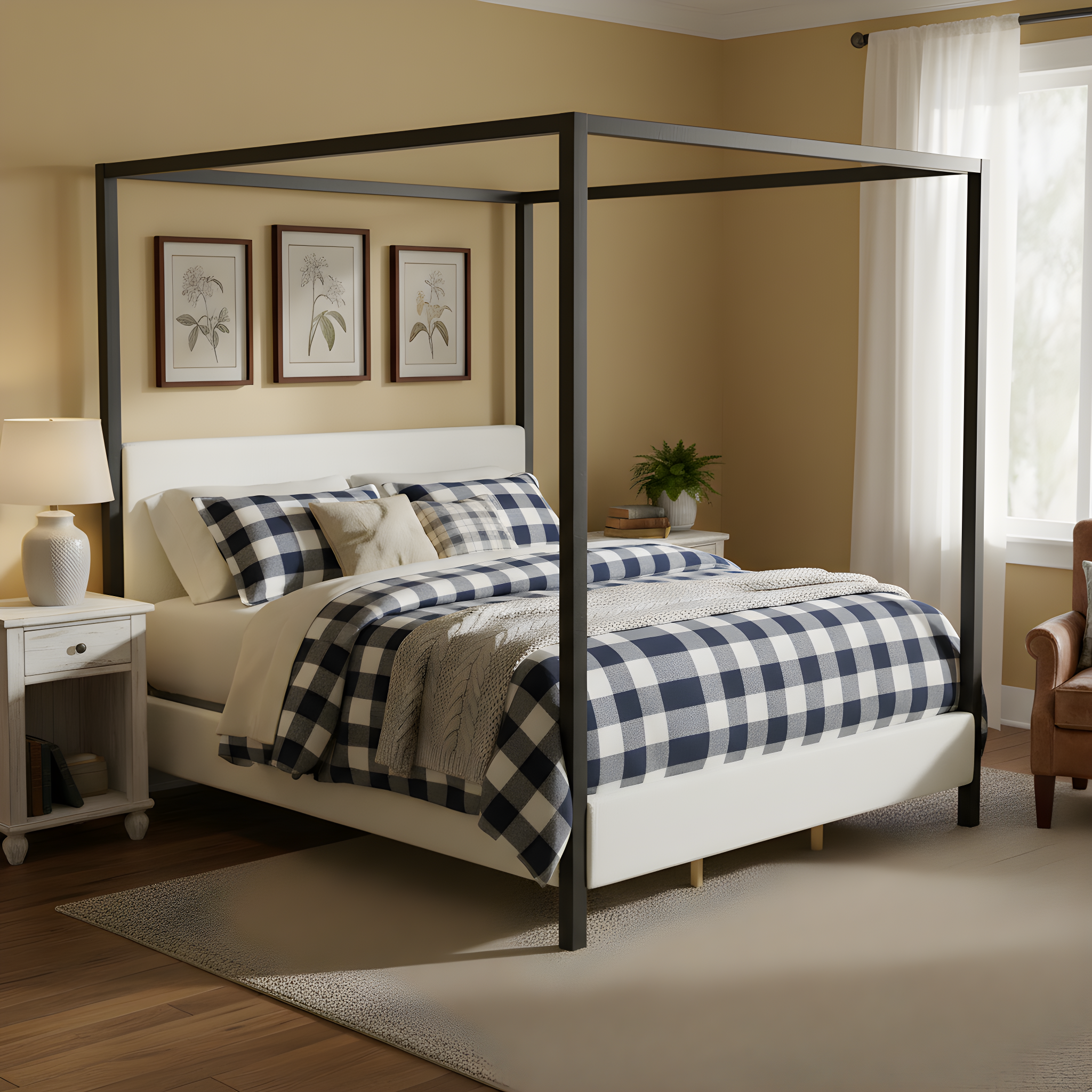Modern Black Metal Canopy Bed With Plush White Boucle Upholstery, King