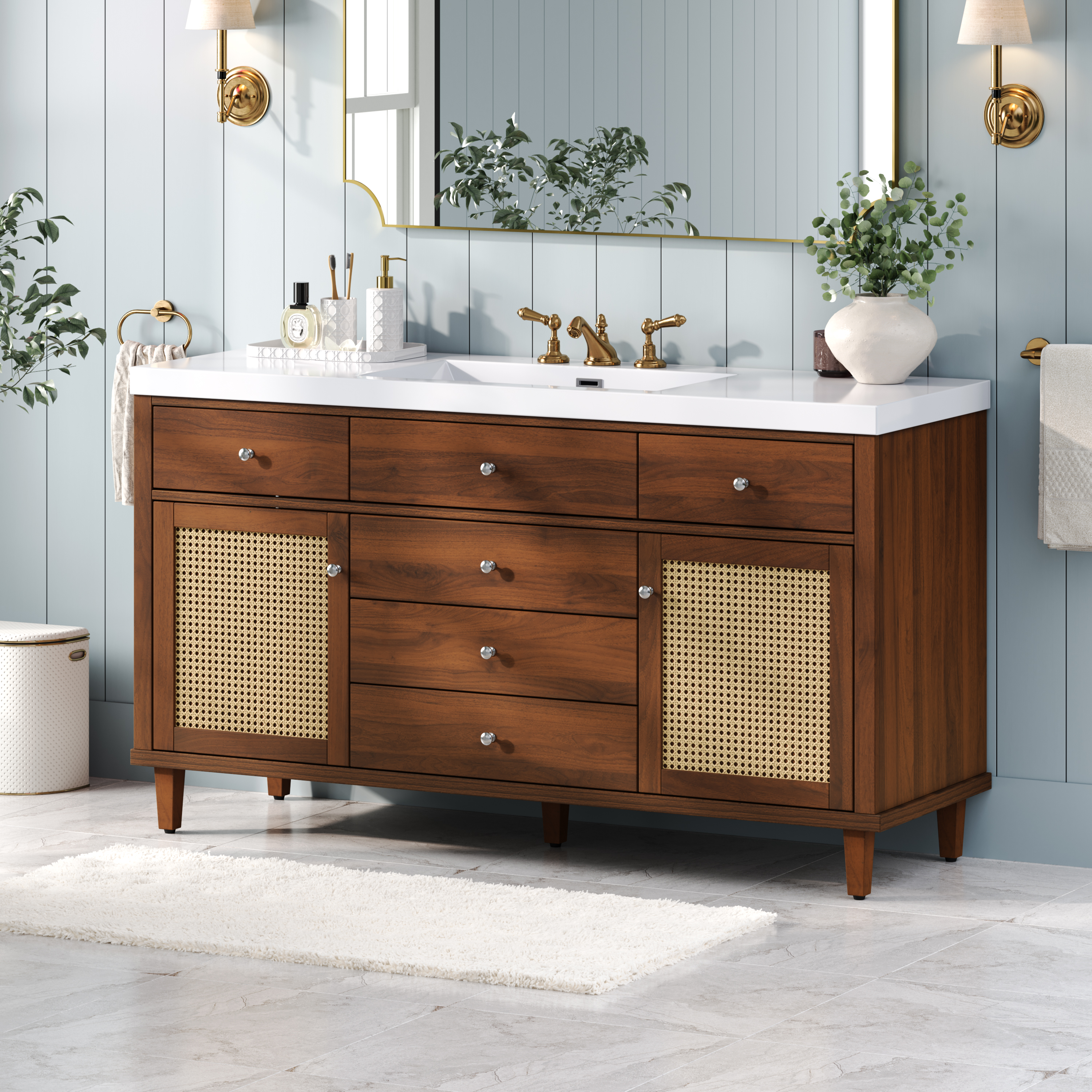 60  Bathroom Vanity With SMC Sink, Modern Large Storage Bathroom Storage Cabinet With Soft Close Drawers And Rattan Doors, Silver Metal Knobs And 5 Pine Legs, Brown