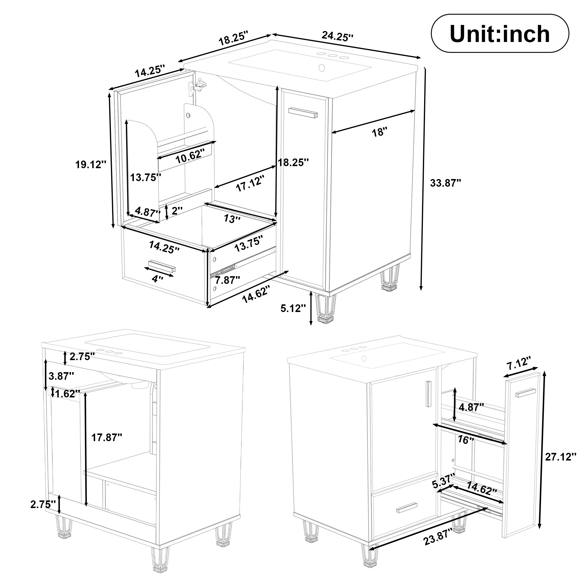 24  Bathroom Vanity With Sink, Bathroom Cabinet With Door Shelf, Deep Drawer, 2-Tier Pull-Out Basket, Solid Wood Frame And MDF Board, One Package, Grey Blue
