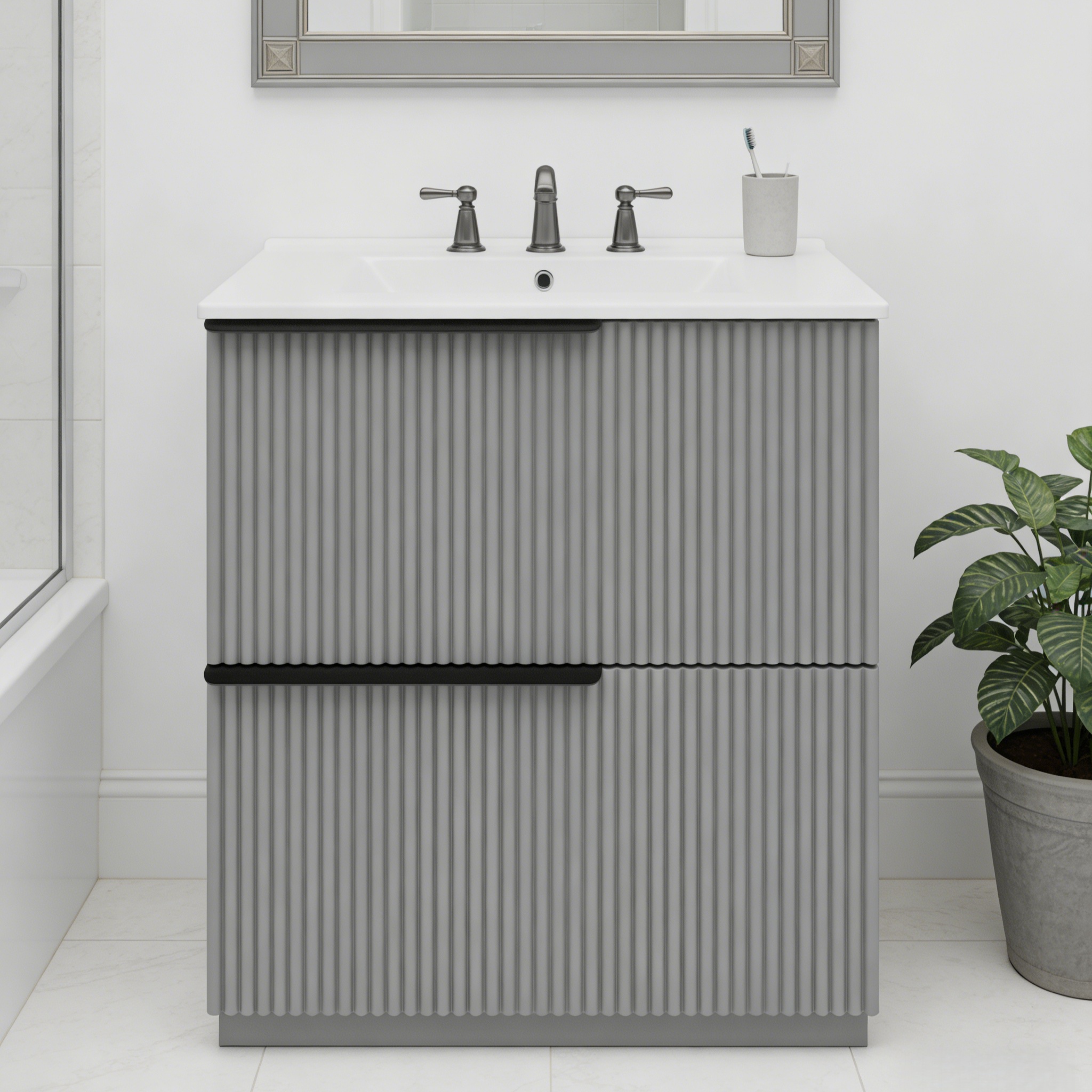 30  Bathroom Vanity With Ceramic Sink And Full-Extension Drawers, Freestanding Bathroom Vanity With Soft Close Drawer Slides, Fluted Design, Gray