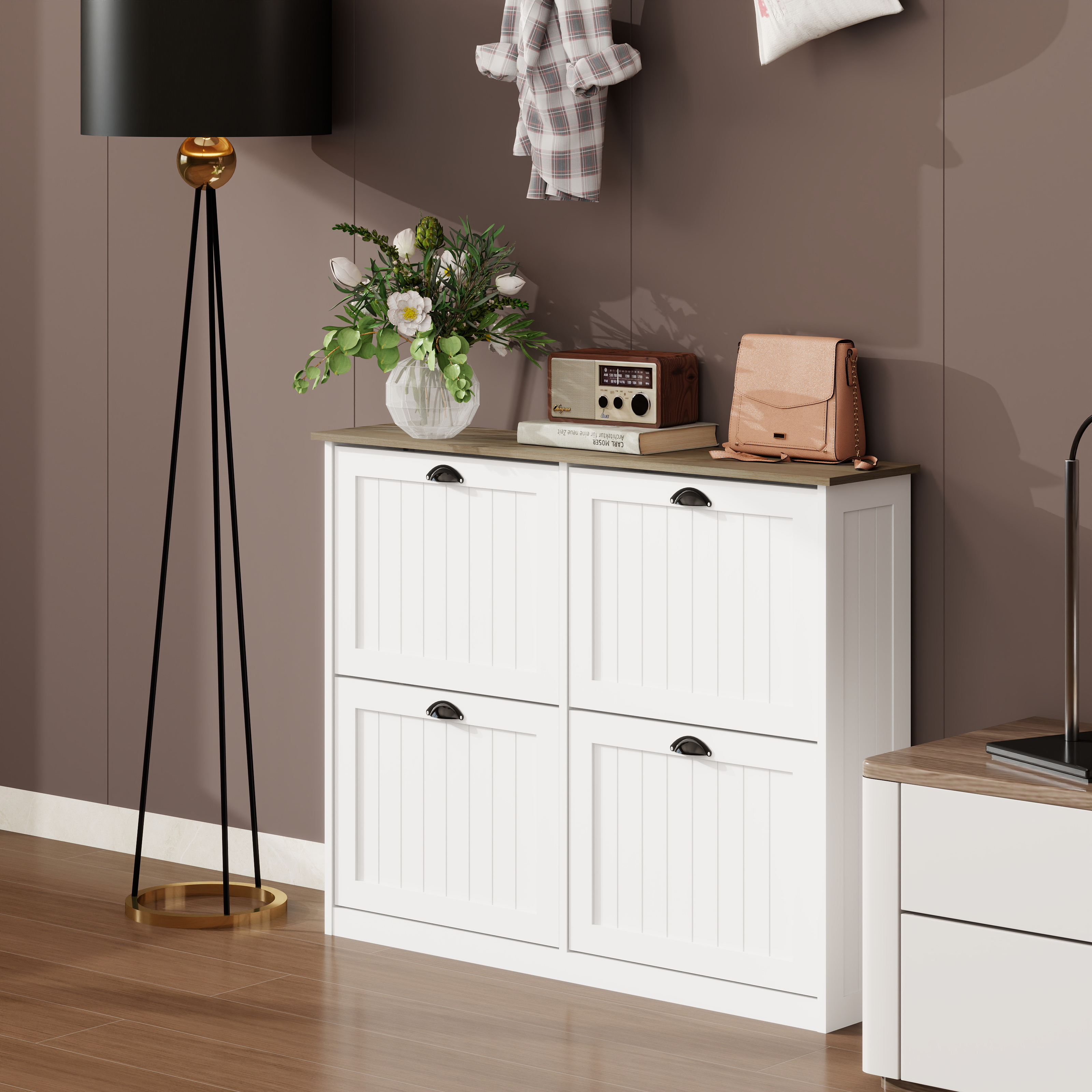 Shoe Storage Cabinet With 4 Flip Drawers, Freestanding Shoe Cabinet Organizer With Adjustable Shelf, Shoe Cabinet For Entryway,  Foyer, Slim Shoe Cabinet-White