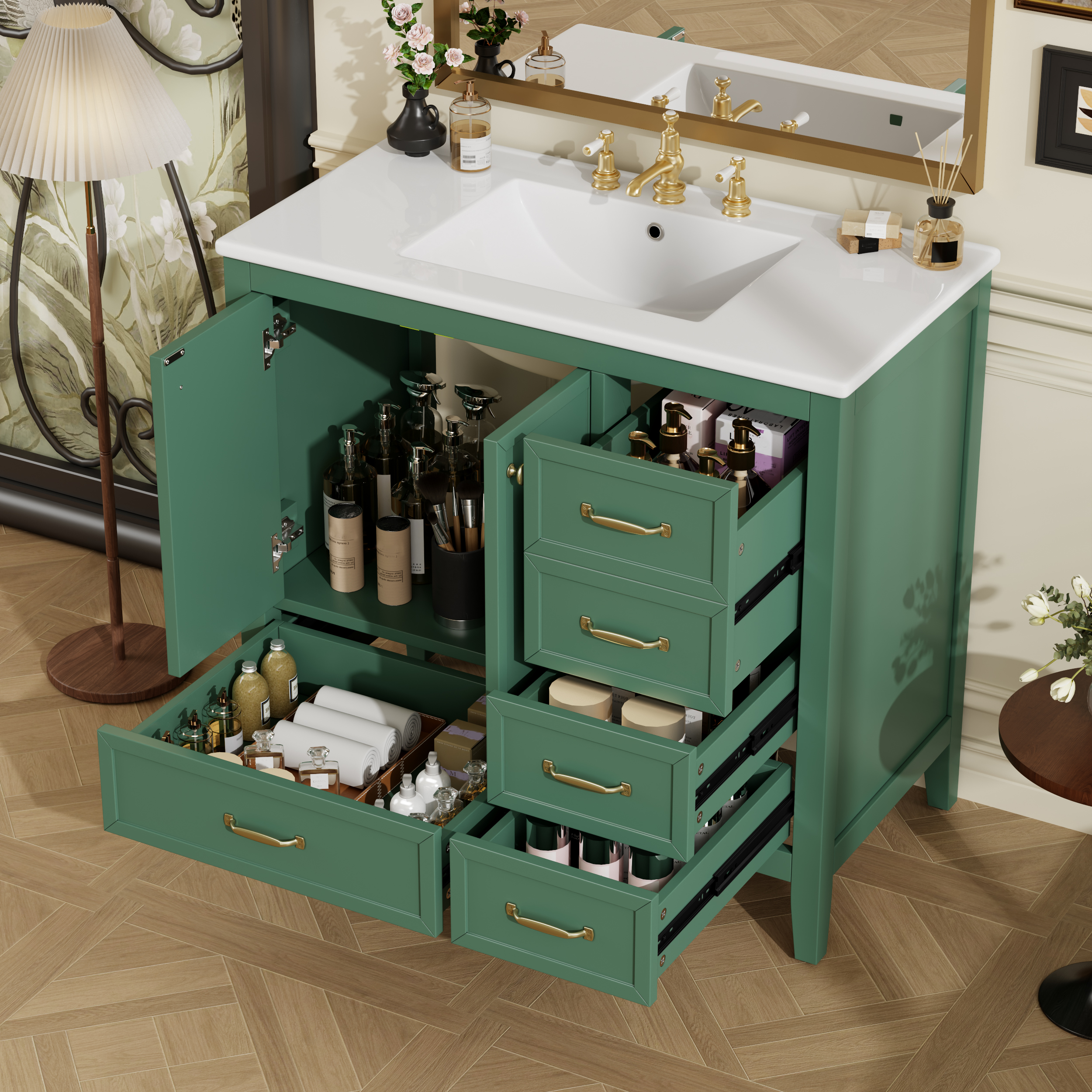 36  Bathroom Vanity With Sink, Bathroom Cabinet With Soft-Closing Door, 4 Drawers Of Different Sizes, Solid Wood Frame And Leg, One Package, Green