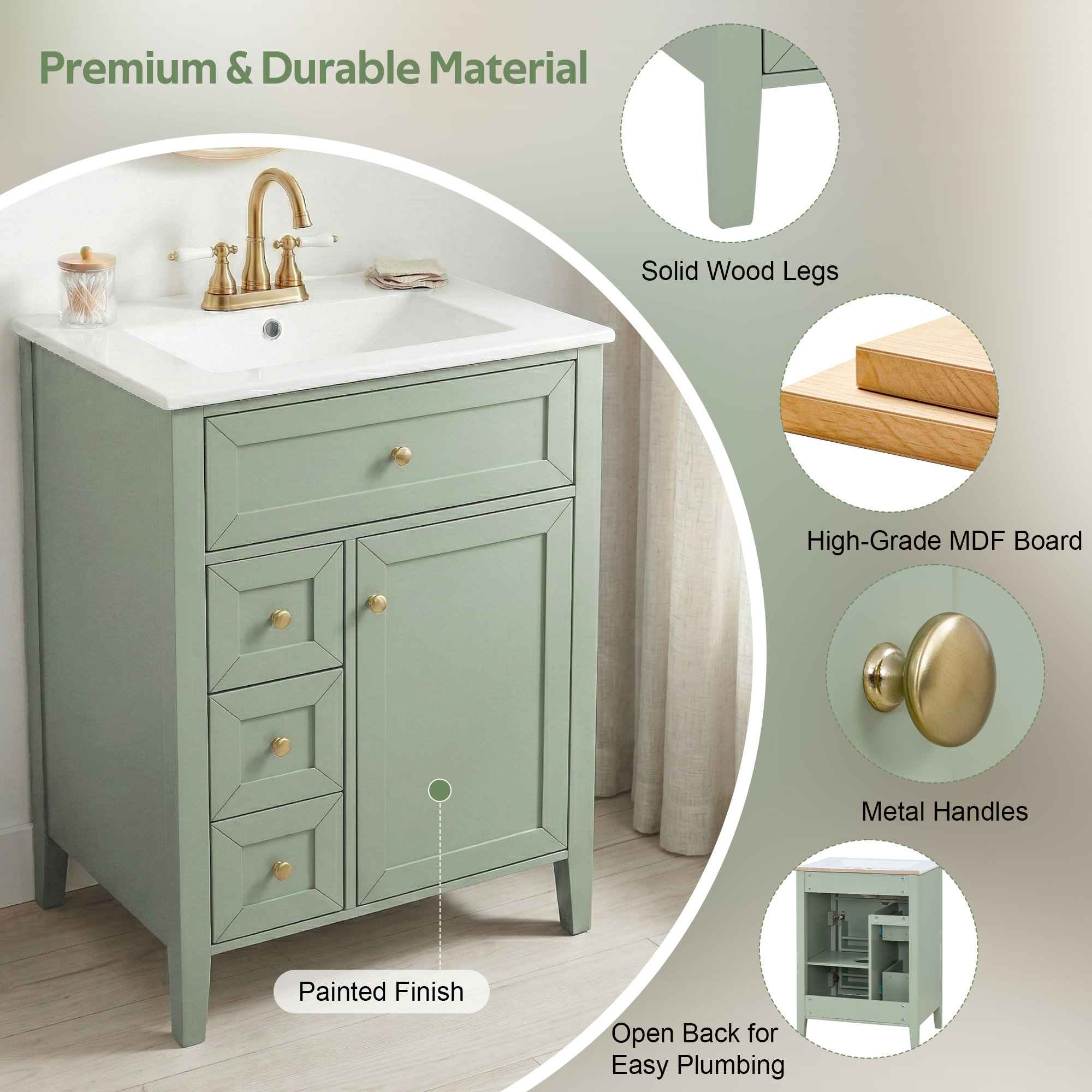 Video 24  Bathroom Vanity With Sink,Ceramic Sink,Bathroom Cabinet With 1 Tip-out Drawers And 2 Pull-out Storage Drawers, Soft-Closing Door With Storage Rack, Solid Wood Legs, One Package,Light Green