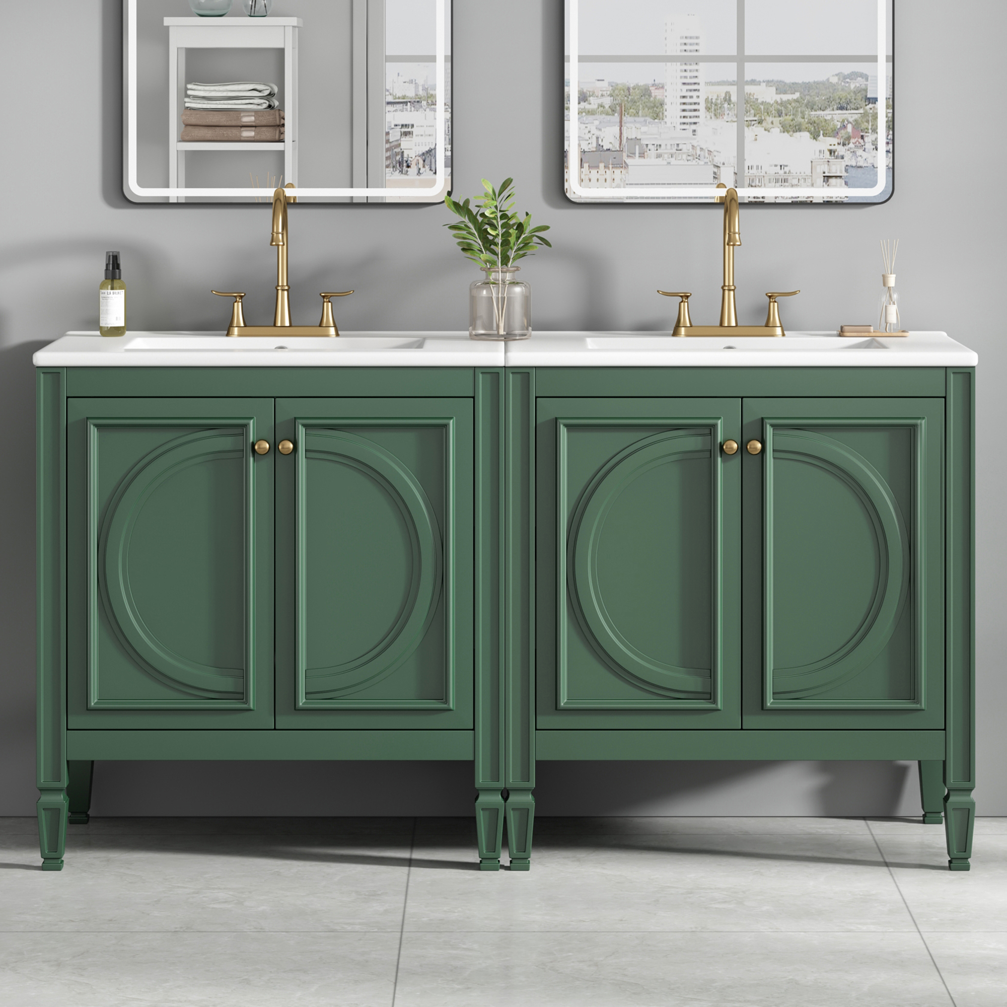 Video  60  Bathroom Vanity With Double Sink Combo Set, Ceramic Sink, Soft Close Doors With Shelf, Storage Drawer, Green