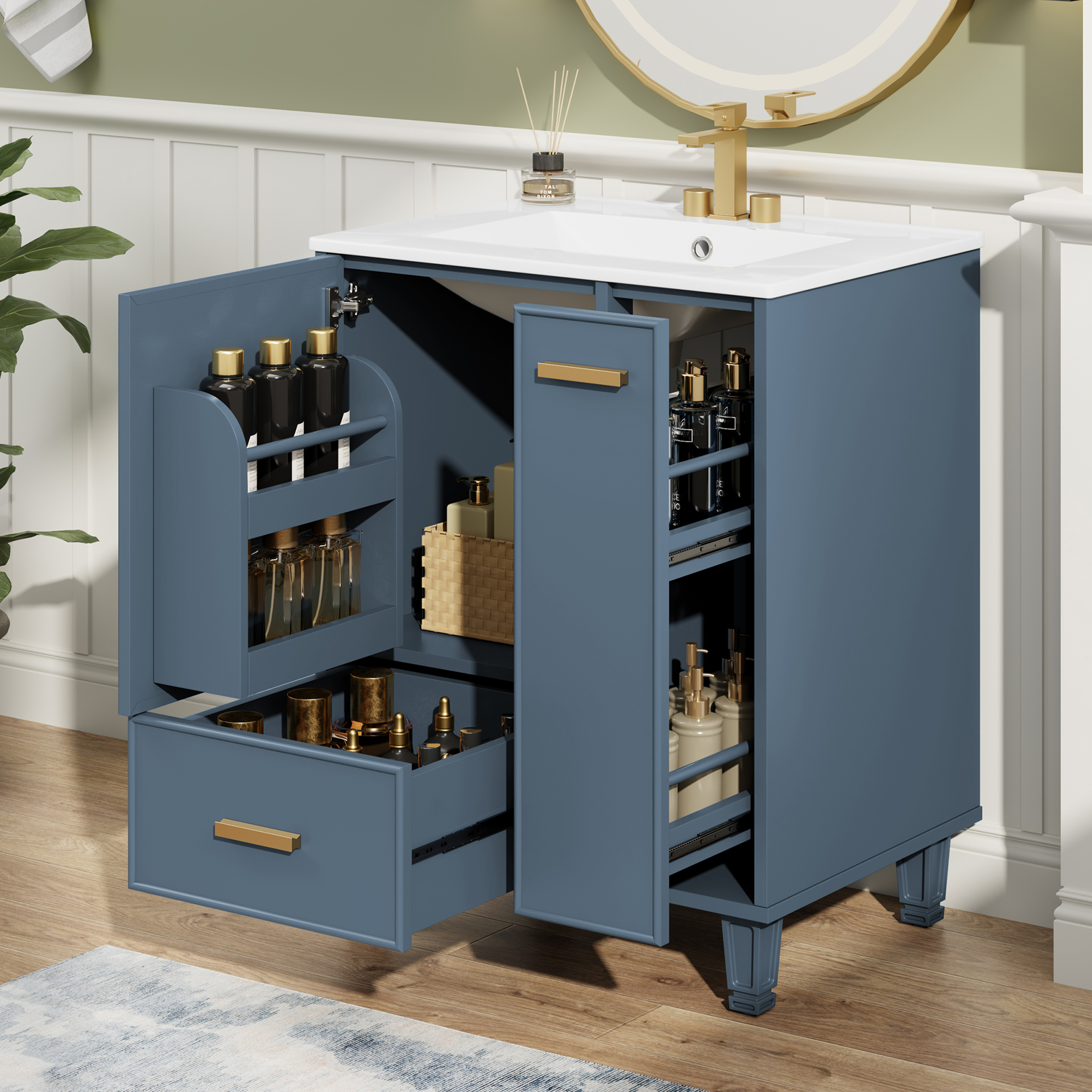 24  Bathroom Vanity With Sink, Bathroom Cabinet With Door Shelf, Deep Drawer, 2-Tier Pull-Out Basket, Solid Wood Frame And MDF Board, One Package, Grey Blue