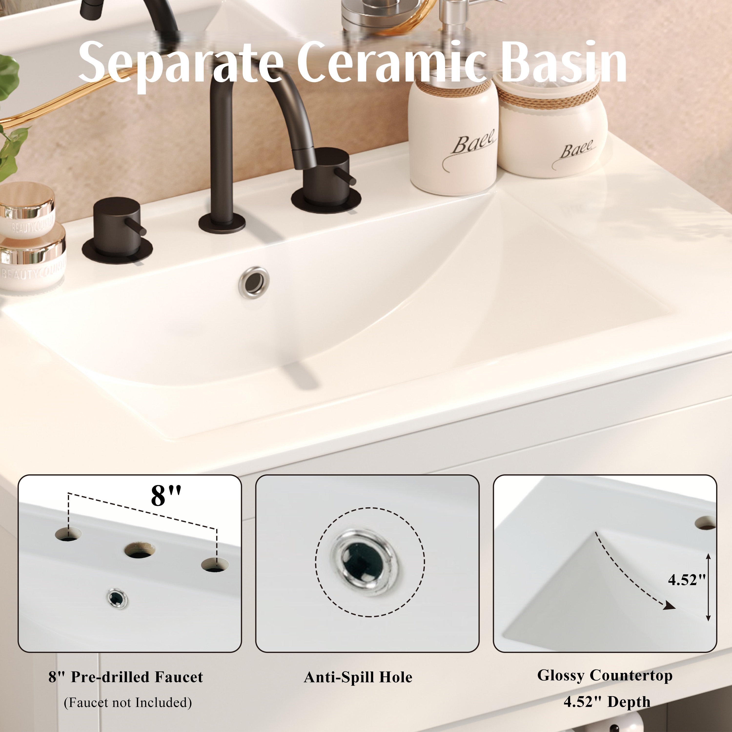 30  Bathroom Vanity With Ceramic Sink And 2 Full-Extension Drawers, Freestanding Bathroom Vanity With 45 Free-Handle Design, Soft Close Undermount Drawer Slides, White