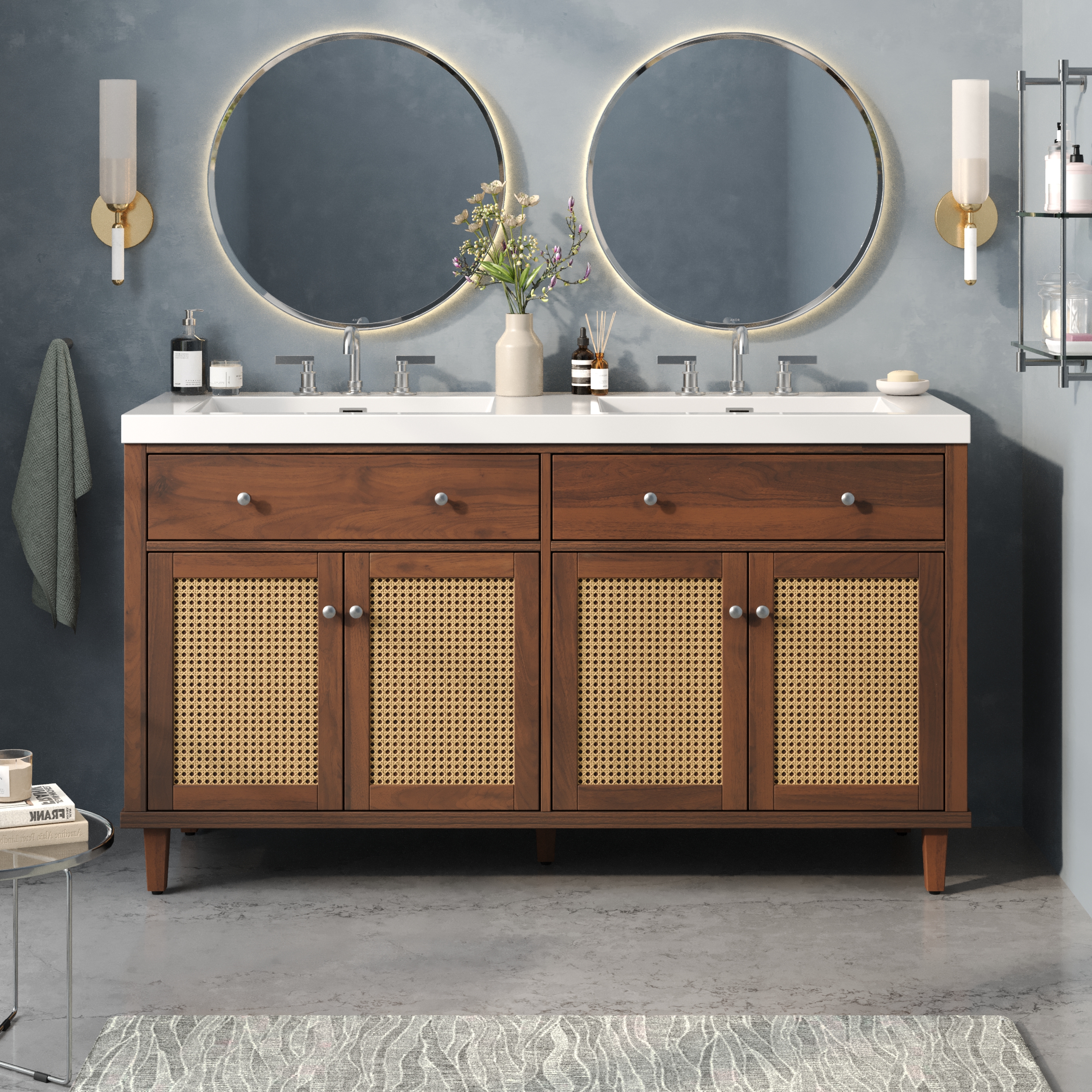 60 Inch Bathroom Vanity With Double Sink SMC Sink , Large Storage Space With 2 Tip-Out Trays Flip-Out Drawers And 4 Soft Closing Doors, Solid Wood Legs And Silver Metal Knobs, Brown