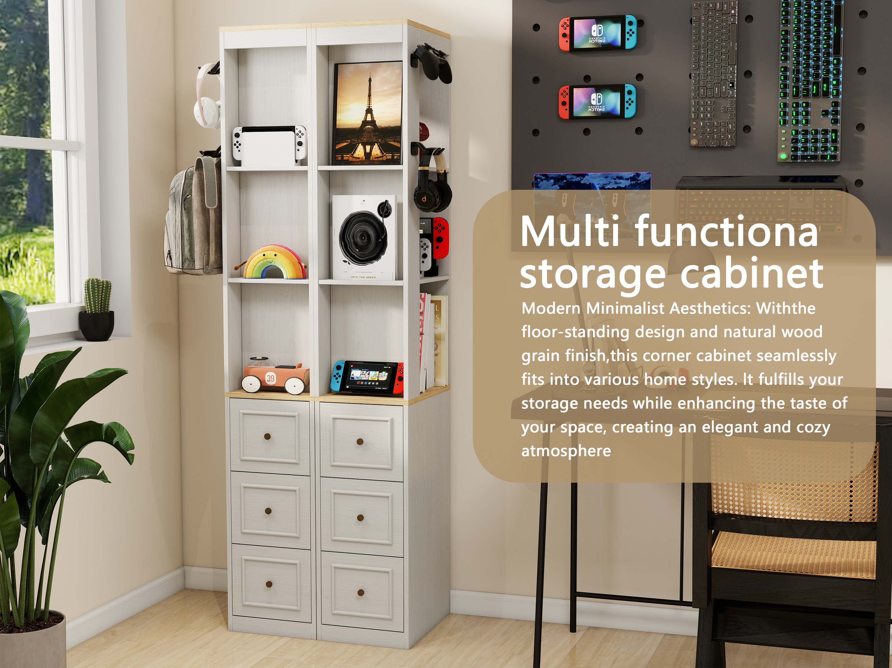 73  Tall Slim Storage Cabinet, 3-Tier Media Storage Cabinet With 3 Drawers And 2 Hooks, Bookcase Display Storage Shelves, Cube CD, DVD, Game Console Storage Cabinet-Antique White