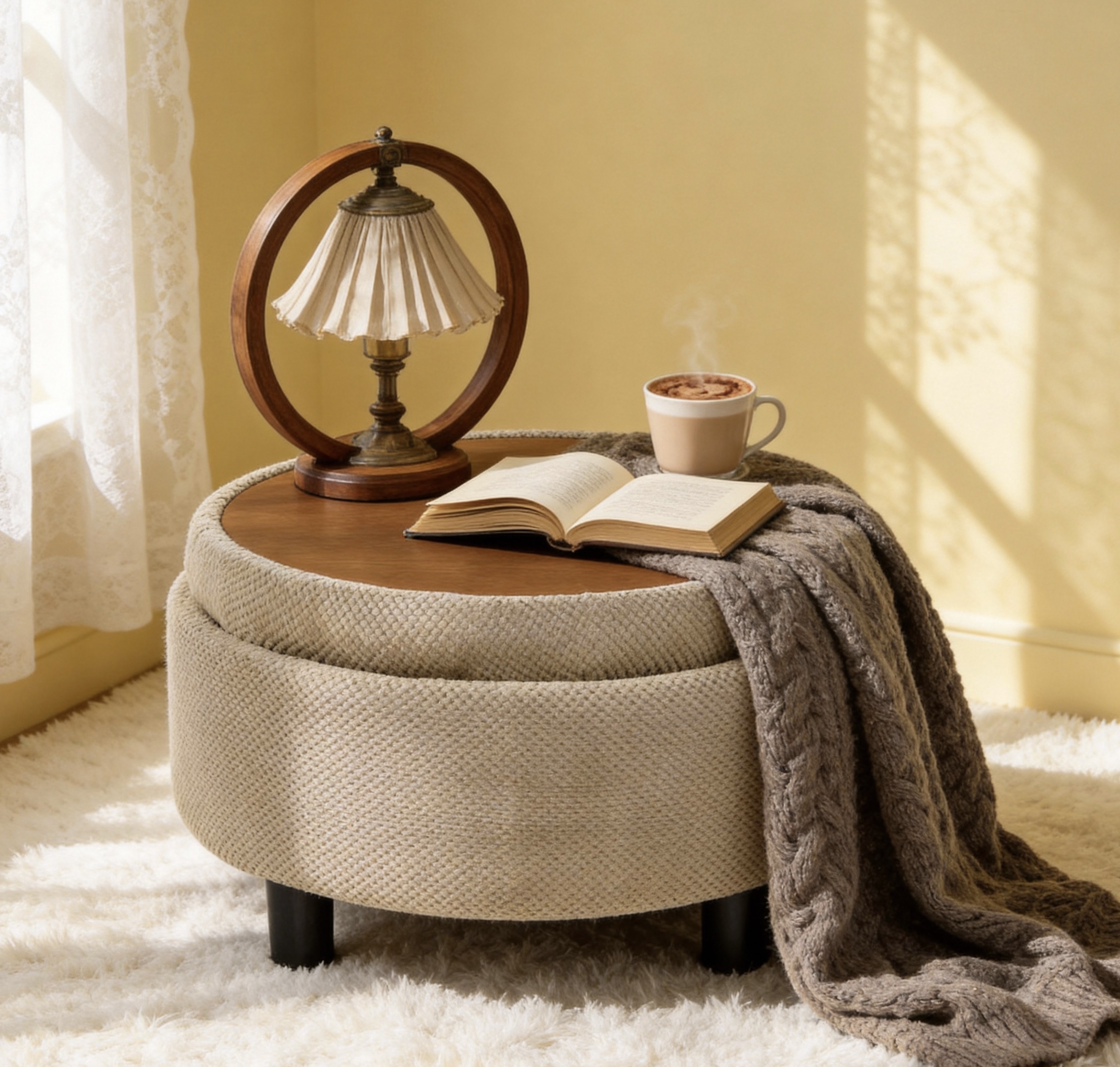 25 Inch Storage Ottoman, Round Footstool, Coffee Table Ottoman, Wooden Top Side Table, Fabric Upholstered Pouf, Small Space Furniture, Hidden Storage, Modern Farmhouse Decor, Living Room,Bedroom,Camel