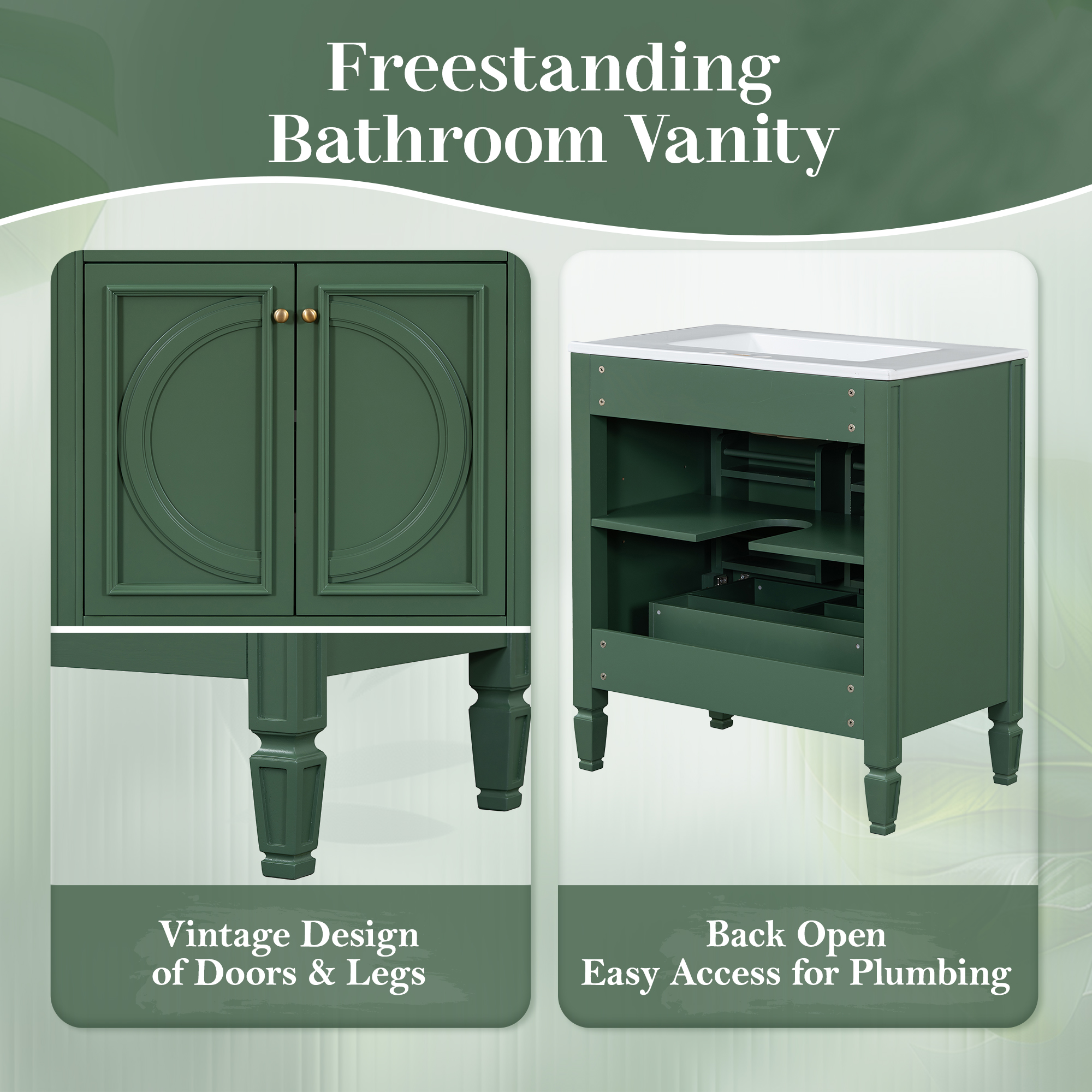 30  Bathroom Vanity With Sink, Two Doors With Shelf, Soft Close Door Hinges, Vintage Style, Green