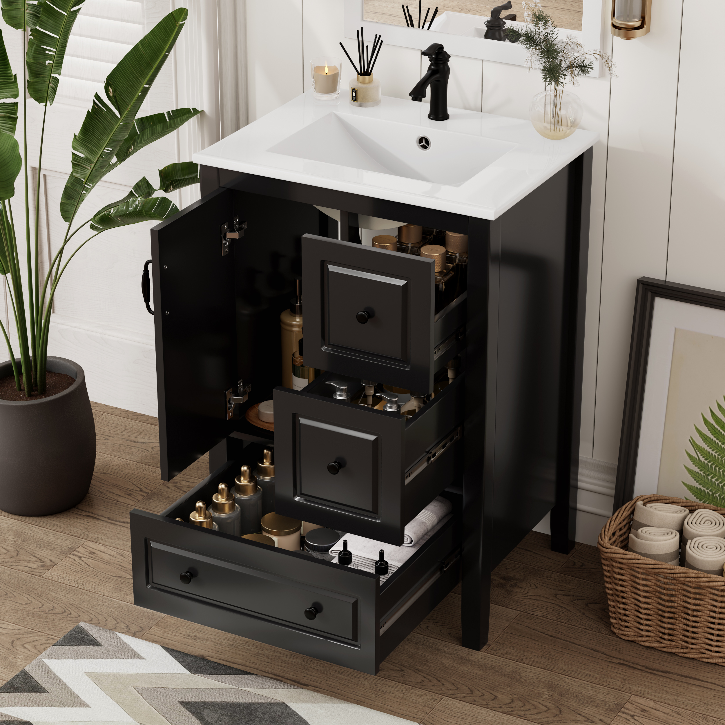 24 Inch Bathroom Vanity With Sink, One Cabinet With Soft-closing Door, 3 Soft-closing Drawers, Retro Metal Handles, Black