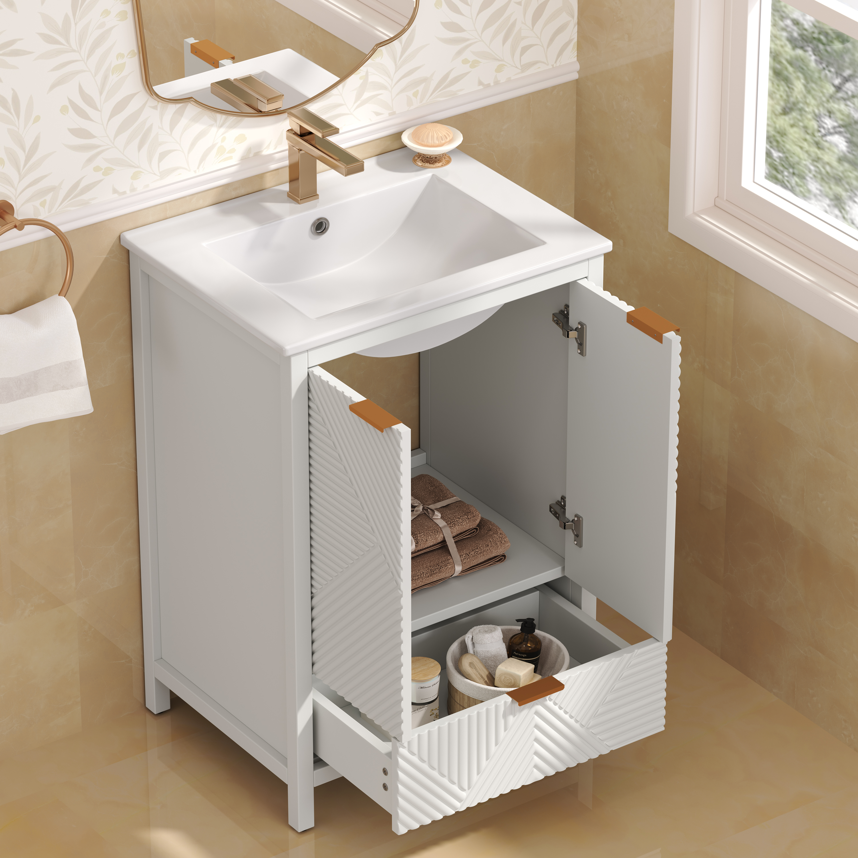 24 Inches Bathroom Vanity With Sink Combo, Modern Bathroom Vanity With Single Faucet Hole, Textured Door Panels And A Drawer, Pine Legs, Large Storage Space & Soft Close Hinges, White