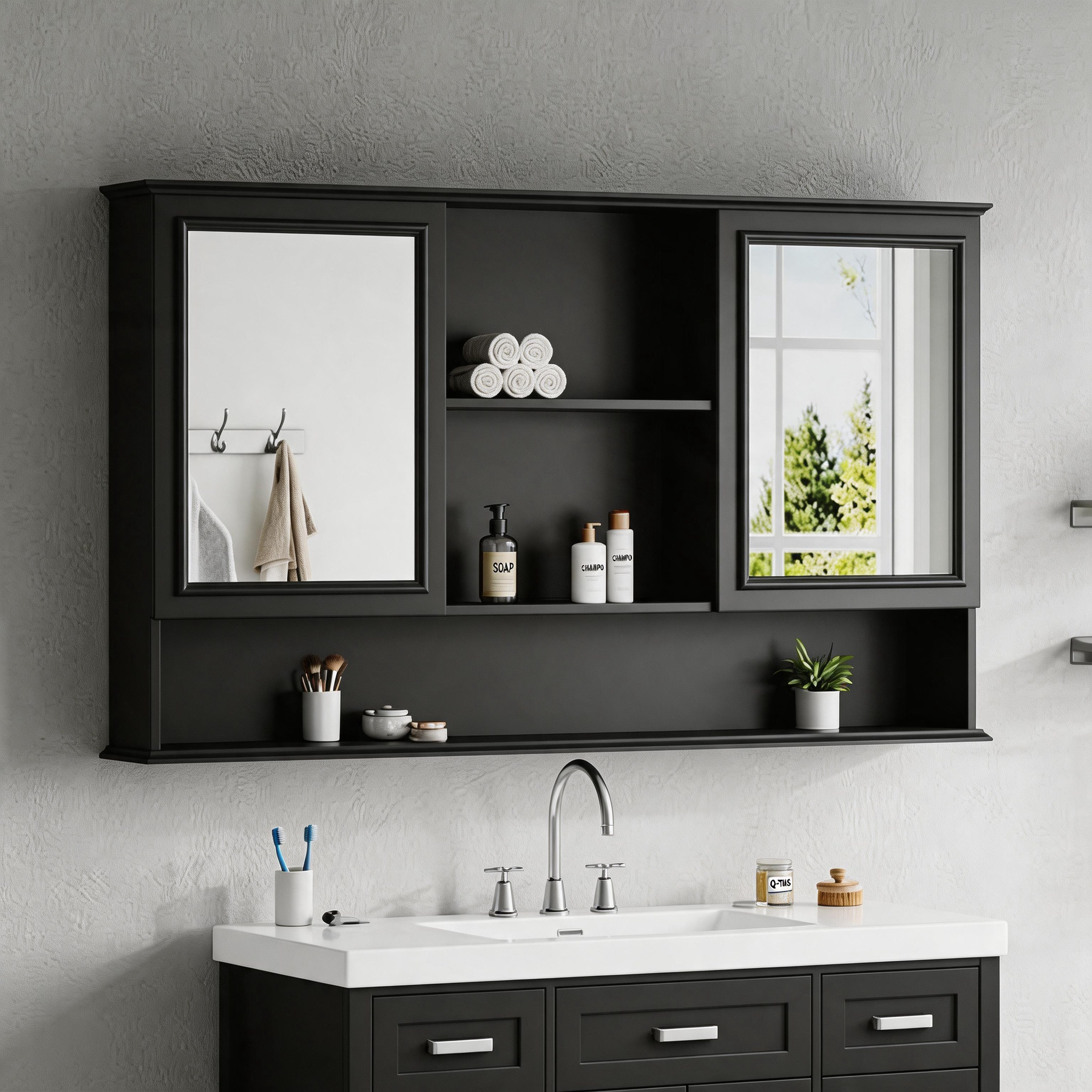Video 60  Wall-Mounted Bathroom Medicine Cabinet With Double Mirrored Doors, Adjustable Shelves, Open Storage, Soft-Close Hinges, Black