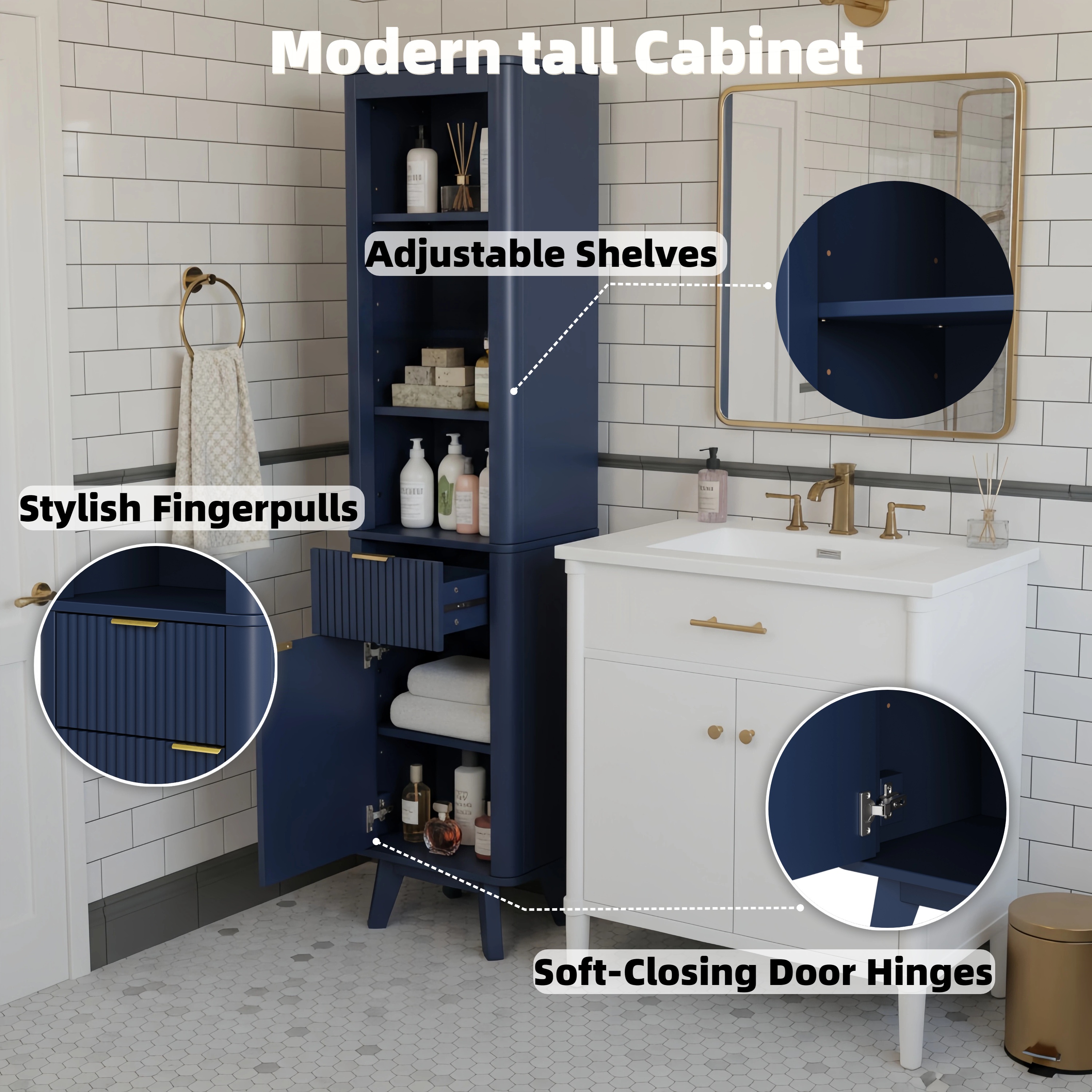 68  H Tall Bathroom Storage Cabinet With  Adjustable Shelves And One Drawer & Door, Storage Cabinet For Bathroom, Living Room, Entryway & Kitchen, Blue