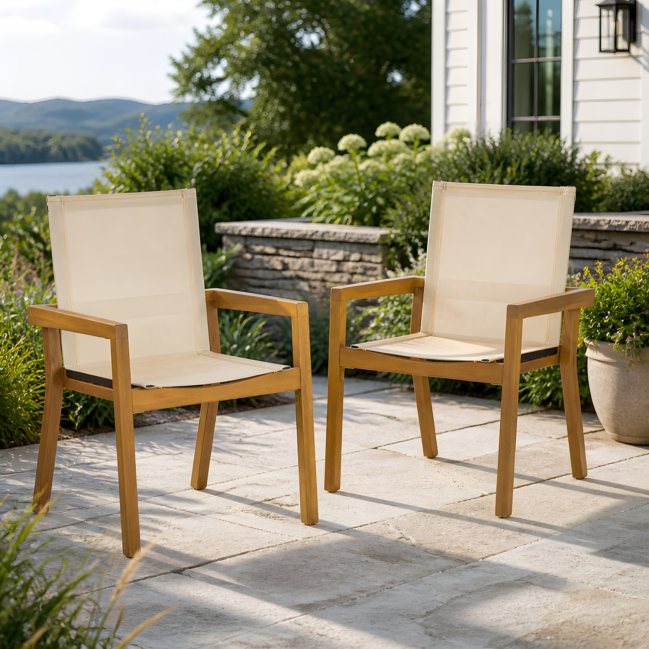 BELFAST DINING CHAIR,Set Of 2,Teak Frame  Beige Textile