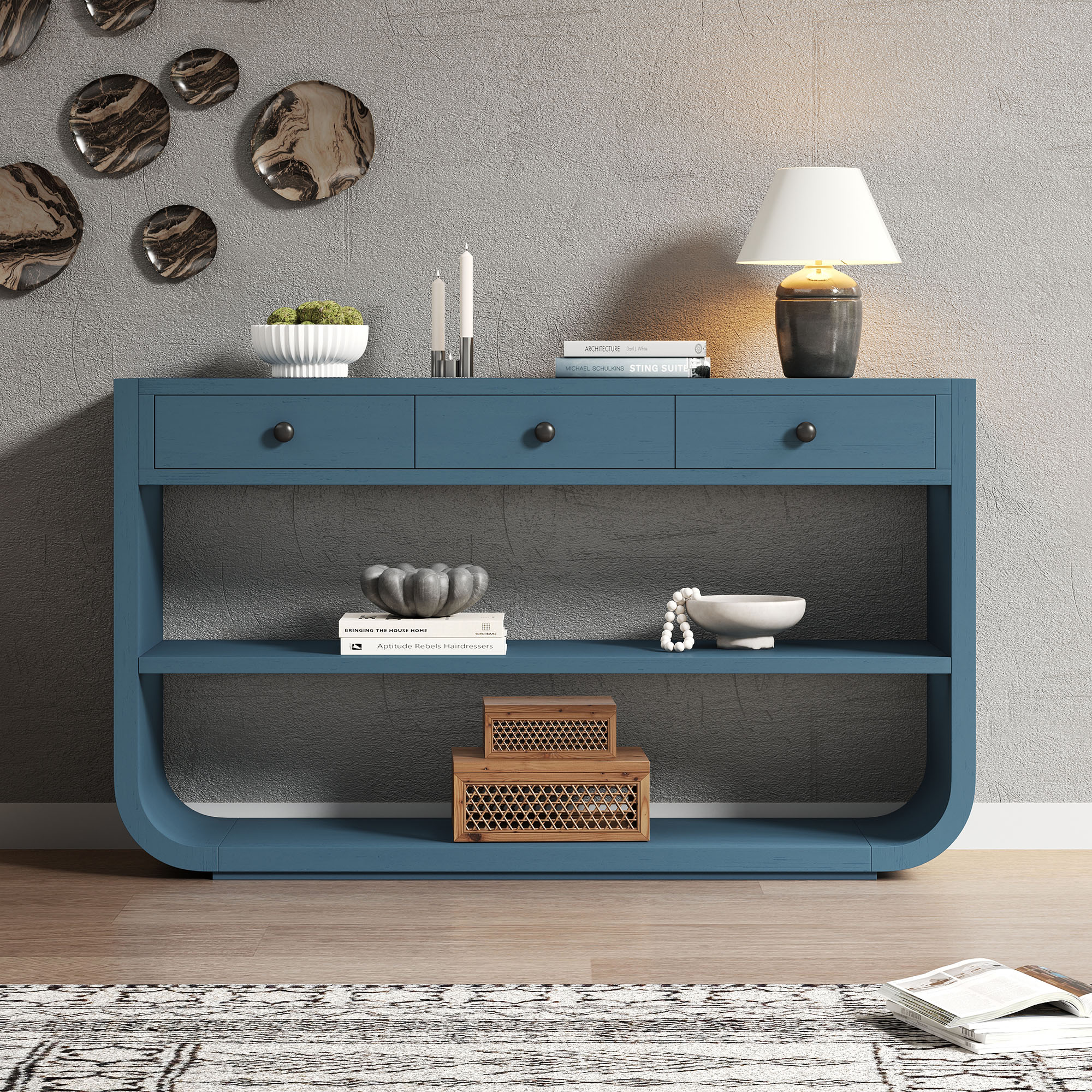 Video  Modern Curved Console Table With 3 Soft-Close Drawers & 2 Open Shelves, Solid Wood Base, Entryway Table For Living Room Hallway Study, Blue