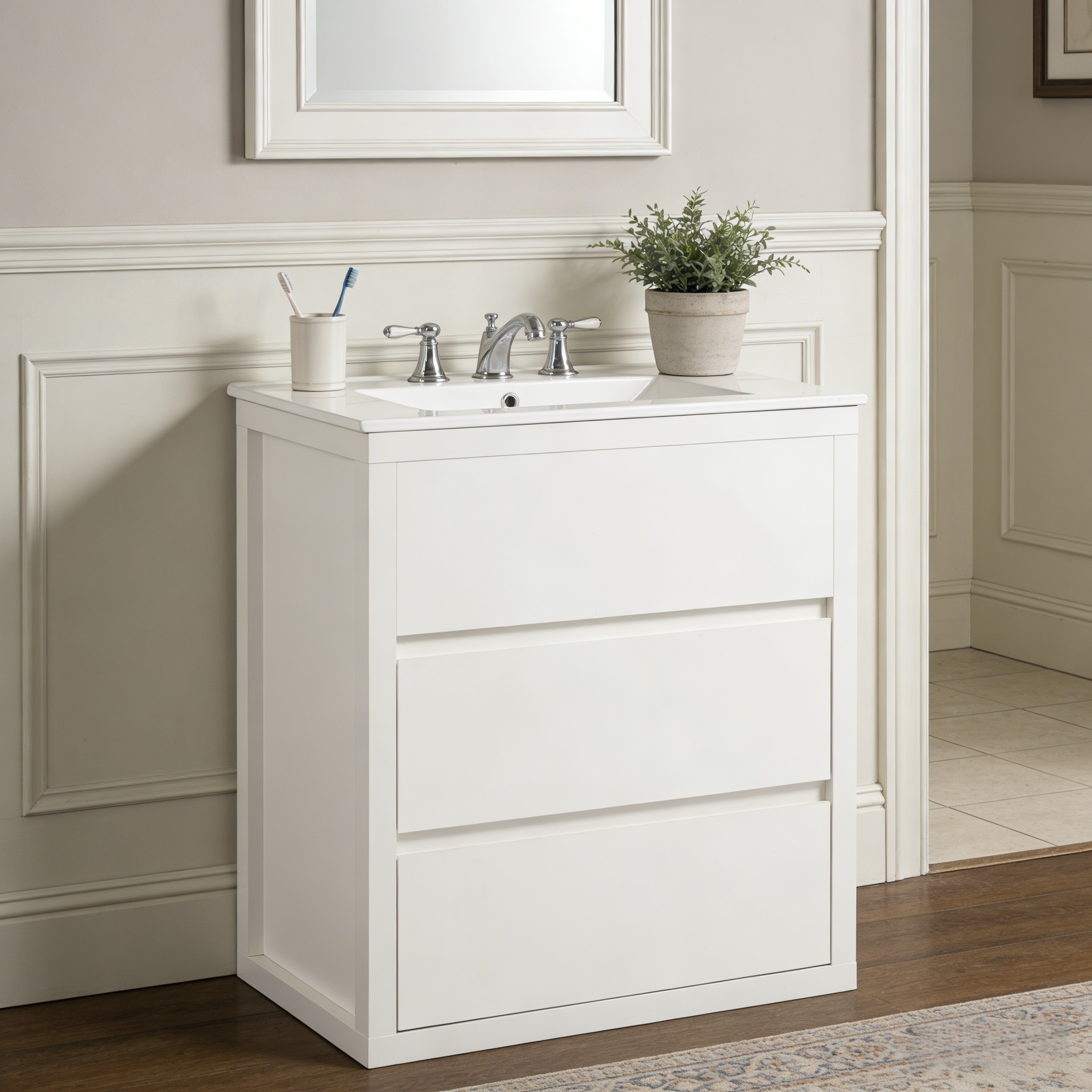 30  Bathroom Vanity With Ceramic Sink And 2 Full-Extension Drawers, Freestanding Bathroom Vanity With 45 Free-Handle Design, Soft Close Undermount Drawer Slides, White