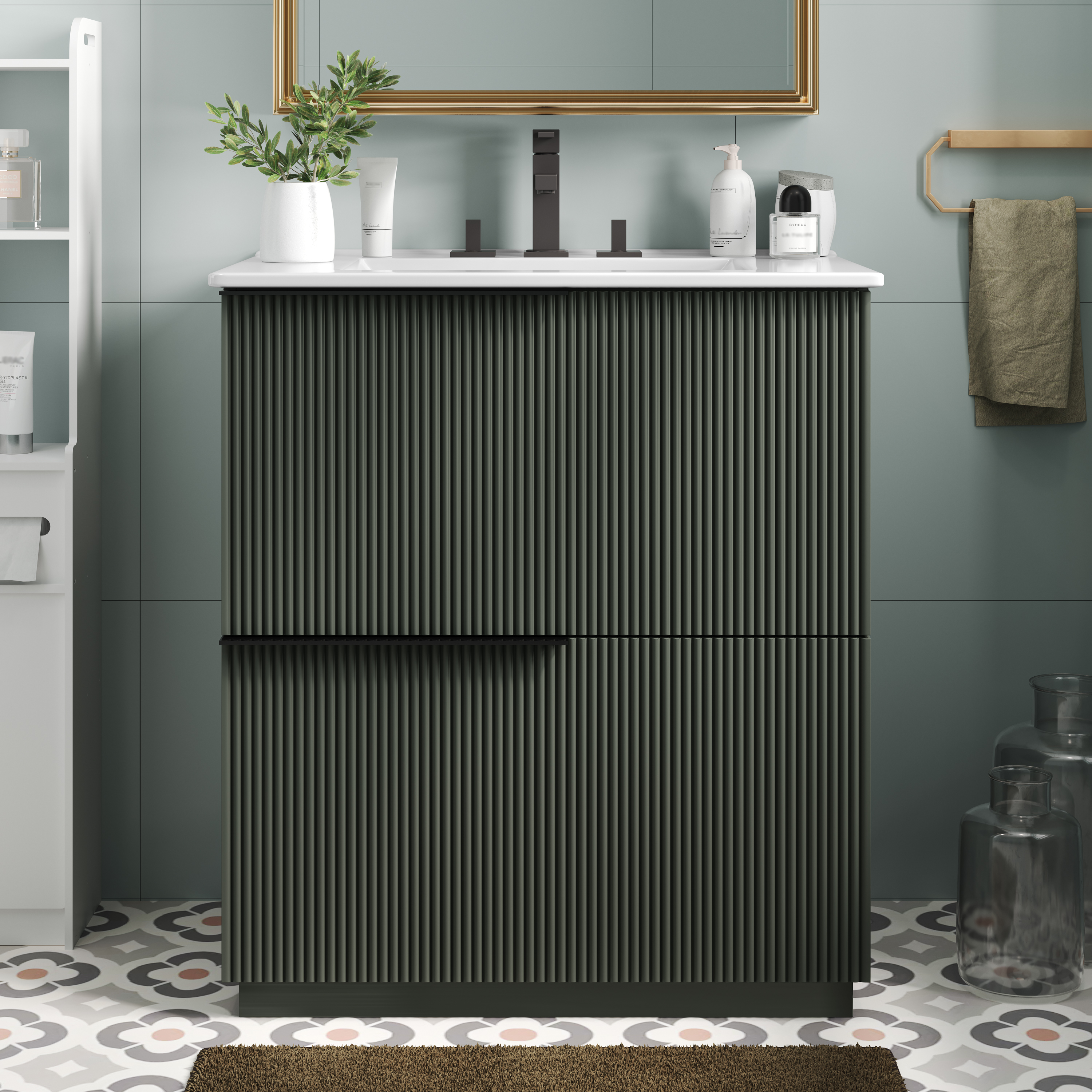 30  Bathroom Vanity With Ceramic Sink And Full-Extension Drawers, Soft Close Undermount Drawer Slides,  Fluted Design, Green