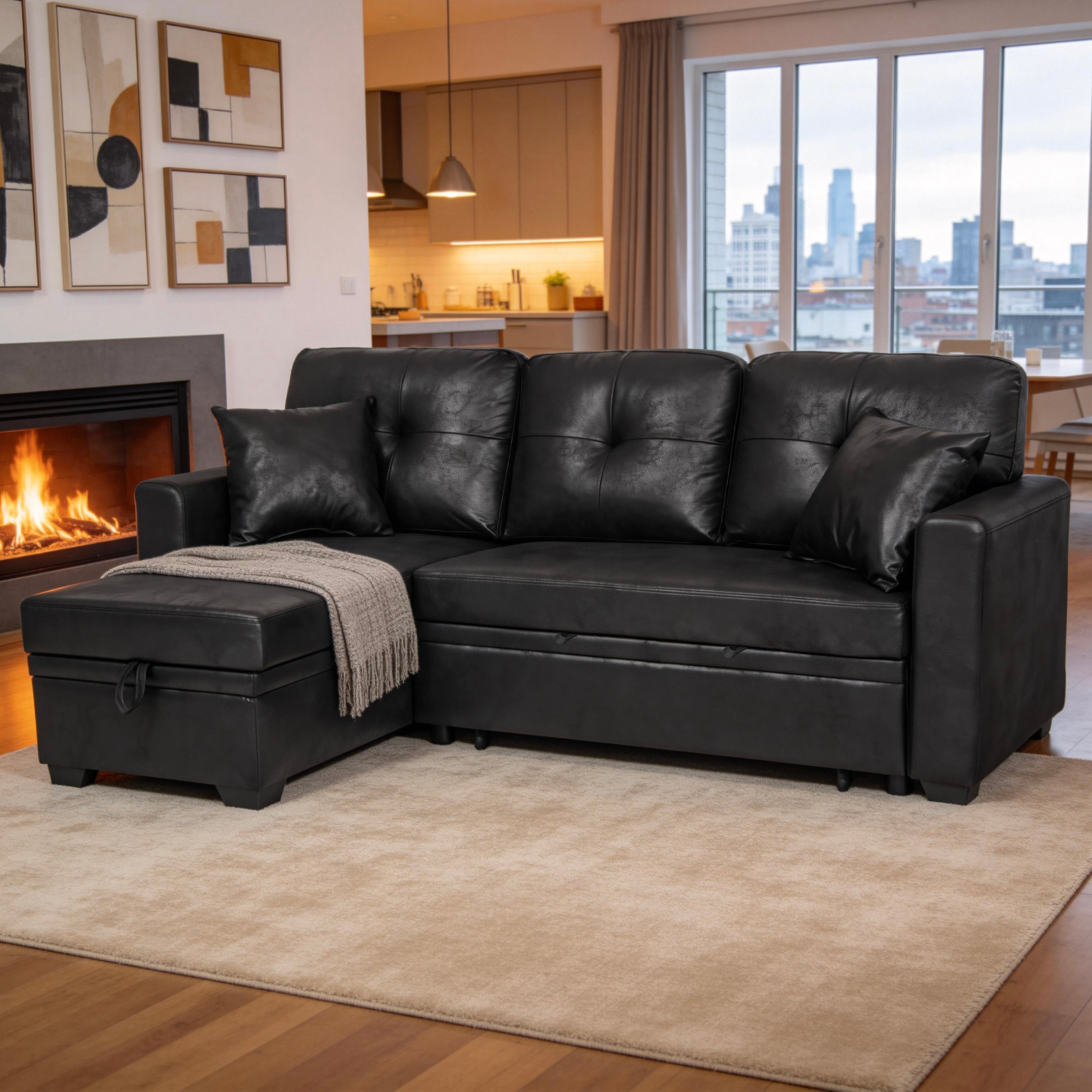 Sleeper Sofa, Sectional With Pull-Out Bed, Reversible Chaise, Storage Sectional,  Black Breathable  Fabric, Small Space Solution, Convertible Sofa Bed, Living Room Furniture, L-Shaped Sofa