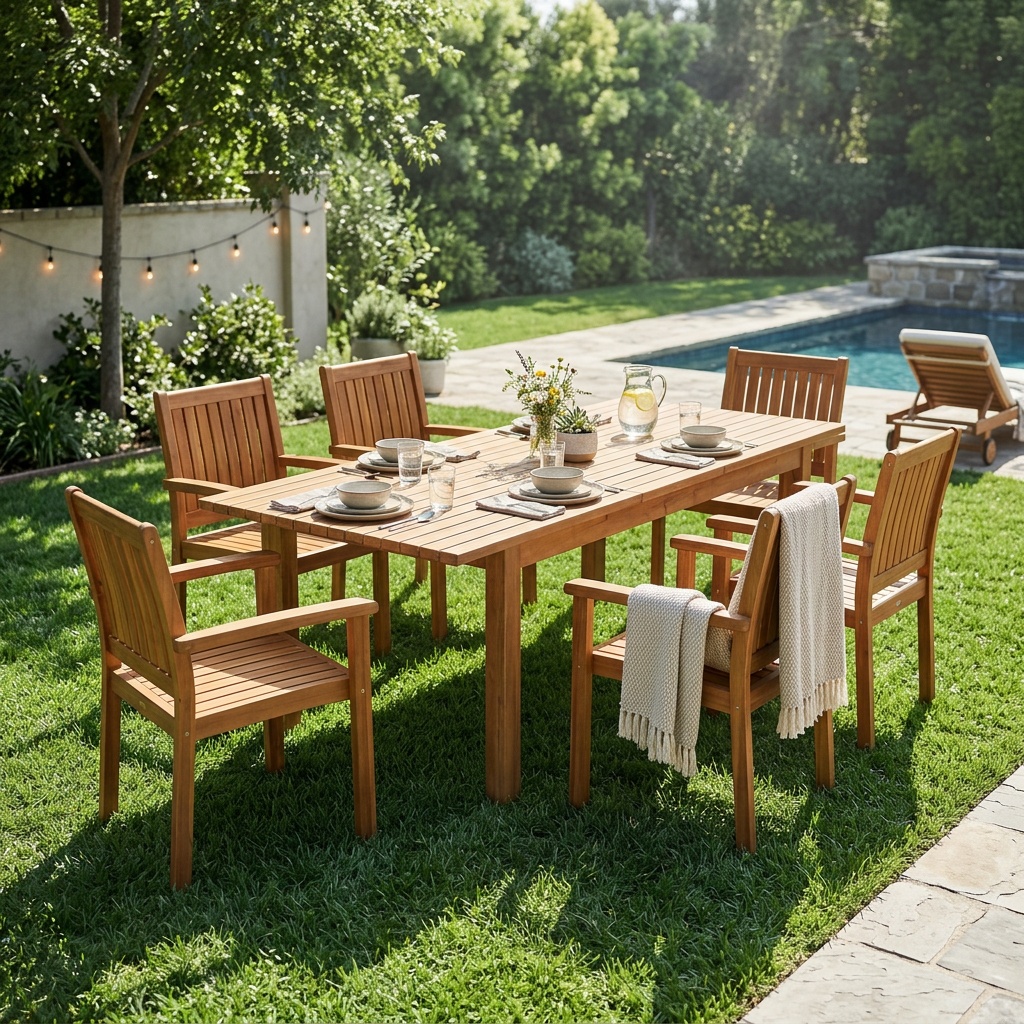 7 Pieces Acacia Wood Outdoor Dining Set S,Modern 6 Chairs  1 Large Table,Dining Furniture Set For Lawn, Backyard, Garden Deck,Poolside,Teak