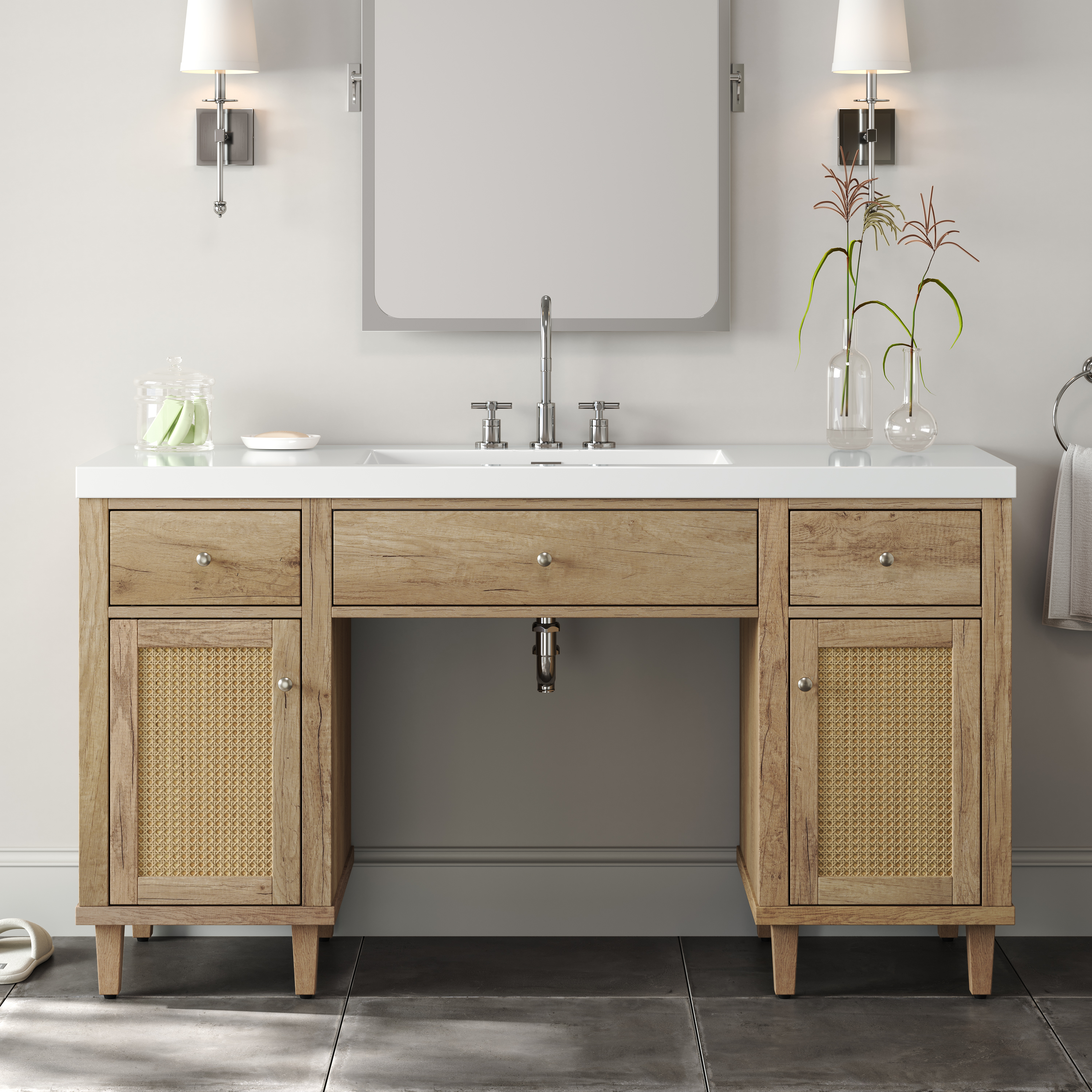 60 Inch Bathroom Vanity With SMC Sink, Modern Spacious Bathroom Storage Cabinet With Soft Close Drawers And Tip-Out Tray, Solid Wood Legs And Silver Metal Knobs, Wheelchair-friendly Style,Wood Color