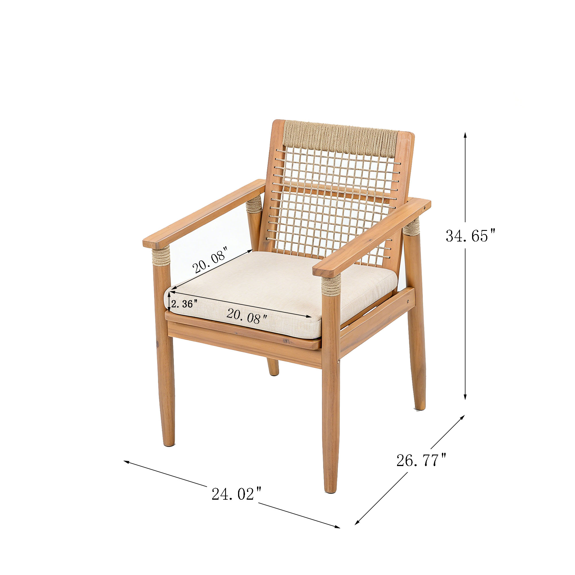 Outdoor Dining Chairs Set Of 2, Acacia Wood Patio Armchair With Multi Brown Rope Design Back And Arms And Beige Washable Cushion,for Backyard, Poolside, Garden,Light Teak