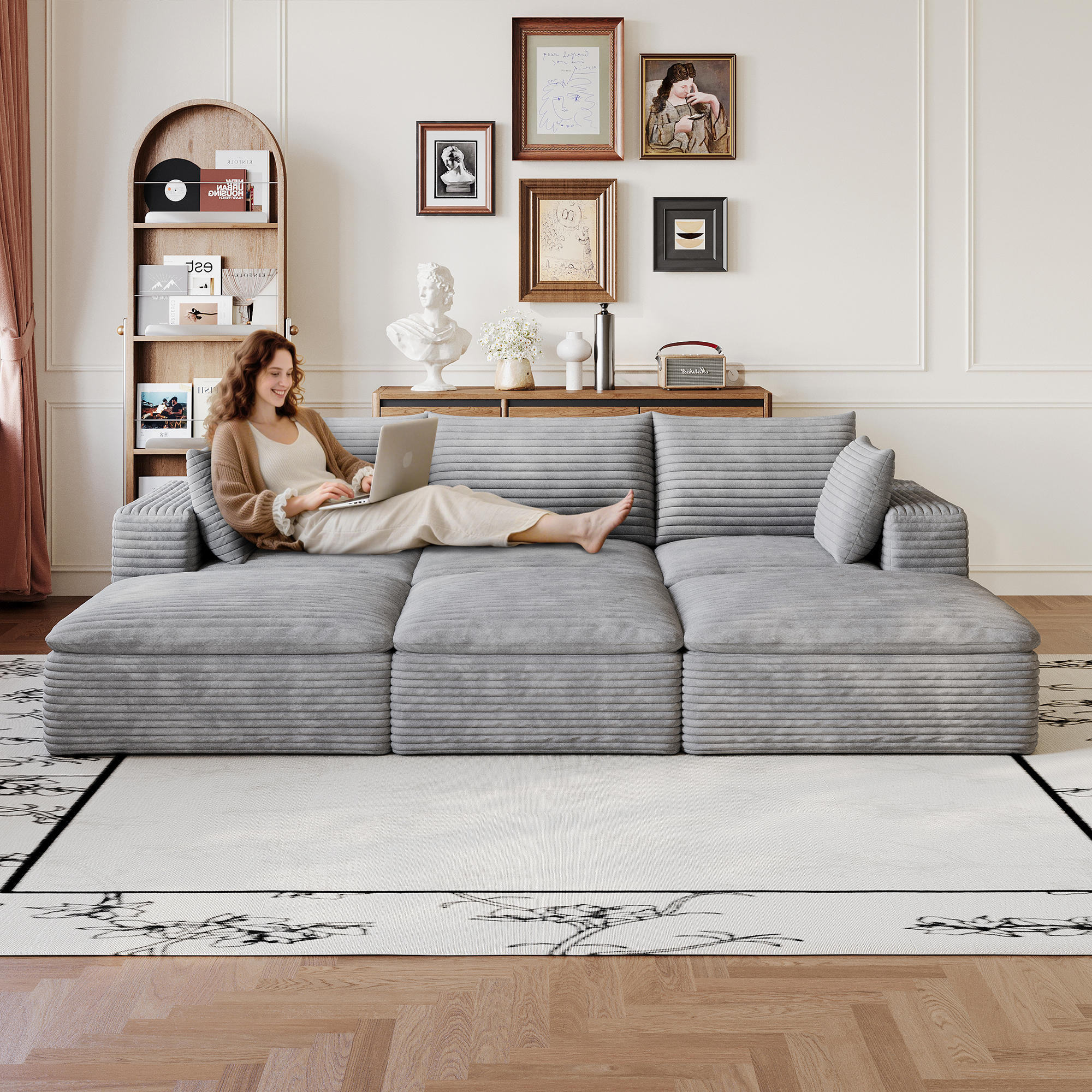 102  Cloud Sofa,Corduroy Fabric,Deep Seat Couches,Double-layer Design,Removable  Cushion,No Assembly, DIY Combination For Living Room, Bedroom,Conference Room ,Apartment,Grey