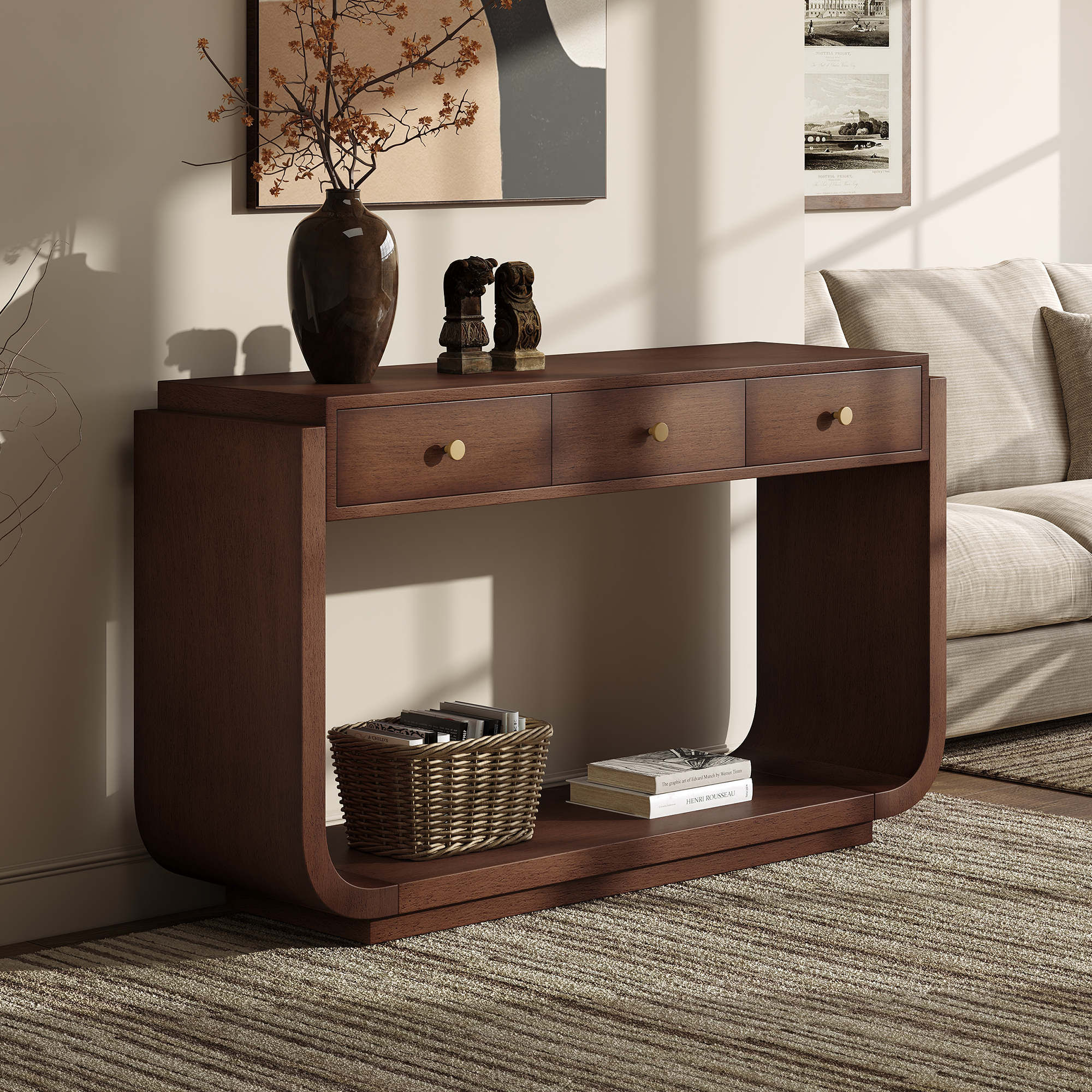 Classic-Style Console Table, 3 Storage Drawers, Display Shelf, Curved Legs, Painted Finish, Entryway Hallway Living Room, Walnut