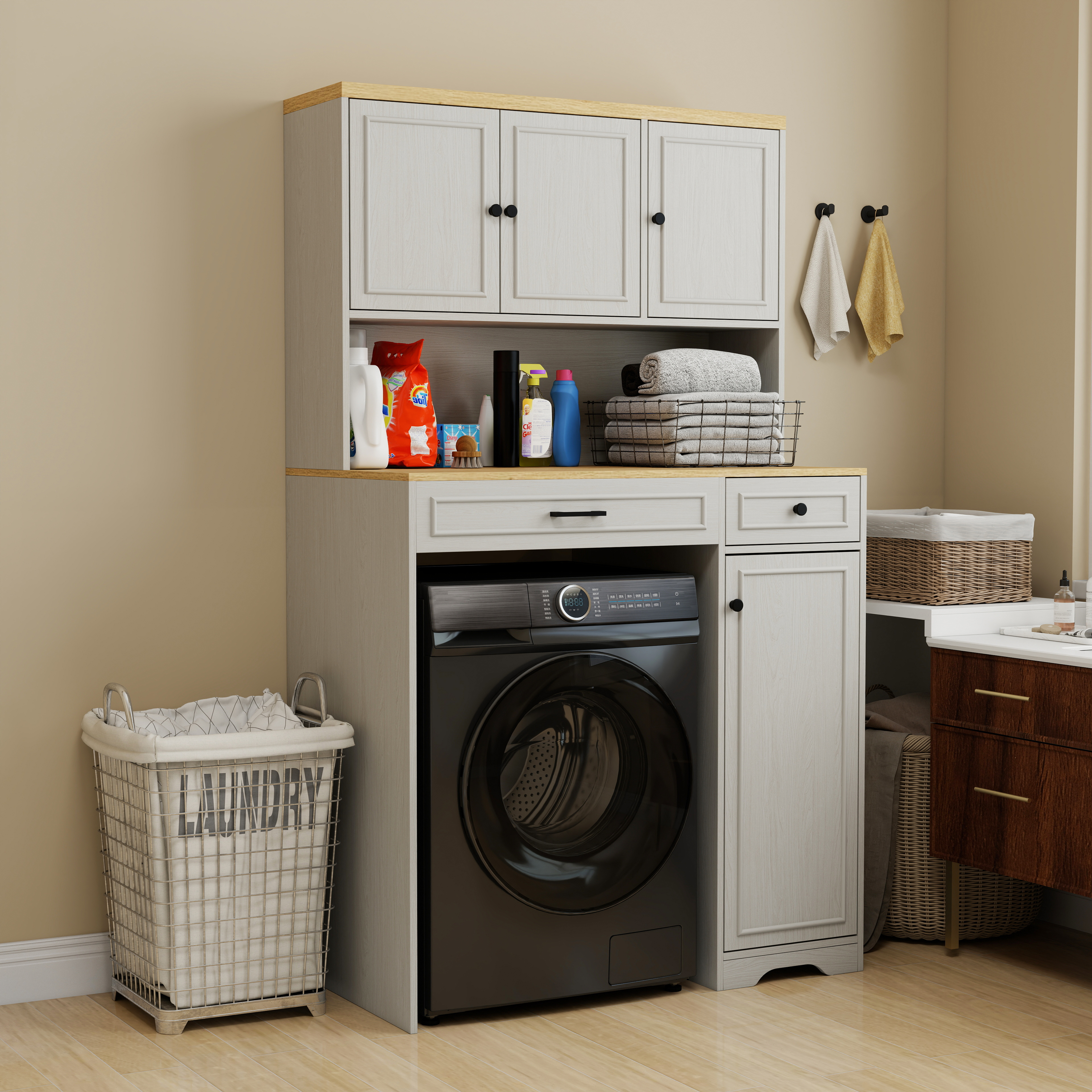 Over The Washer, Dryer And Robot Vacuum Storage Cabinet Suitable For Compact Washing Machines, Laundry Room Storage Organizer With 1 Laundry Basket, 1 Drawer And 2 Adjustable Shelves-Antique White