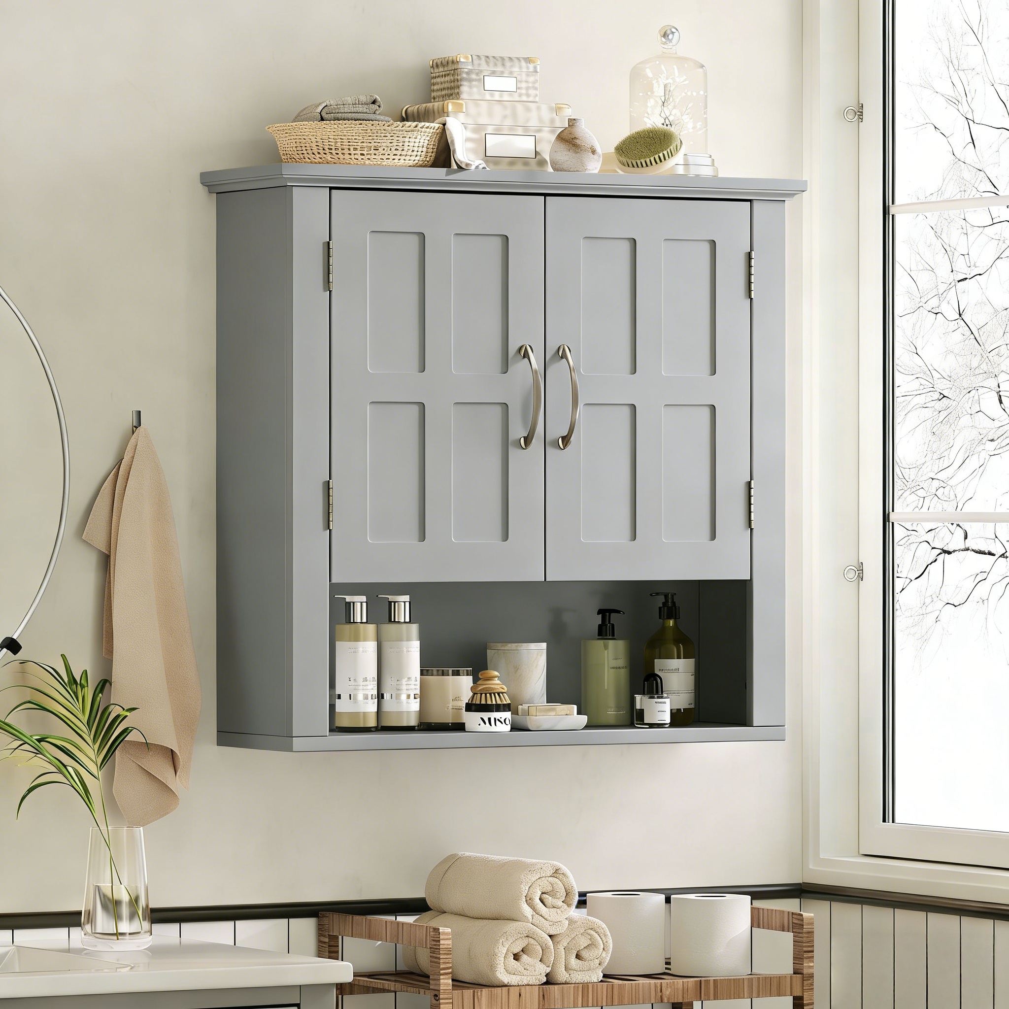 Bathroom Wall Storage Cabinet,  Multi -functional Wall Mounted Cabinet With Adjustable Shelves, Medicine Cabinet For Laundry Room & Kitchen & Living Room, Gray