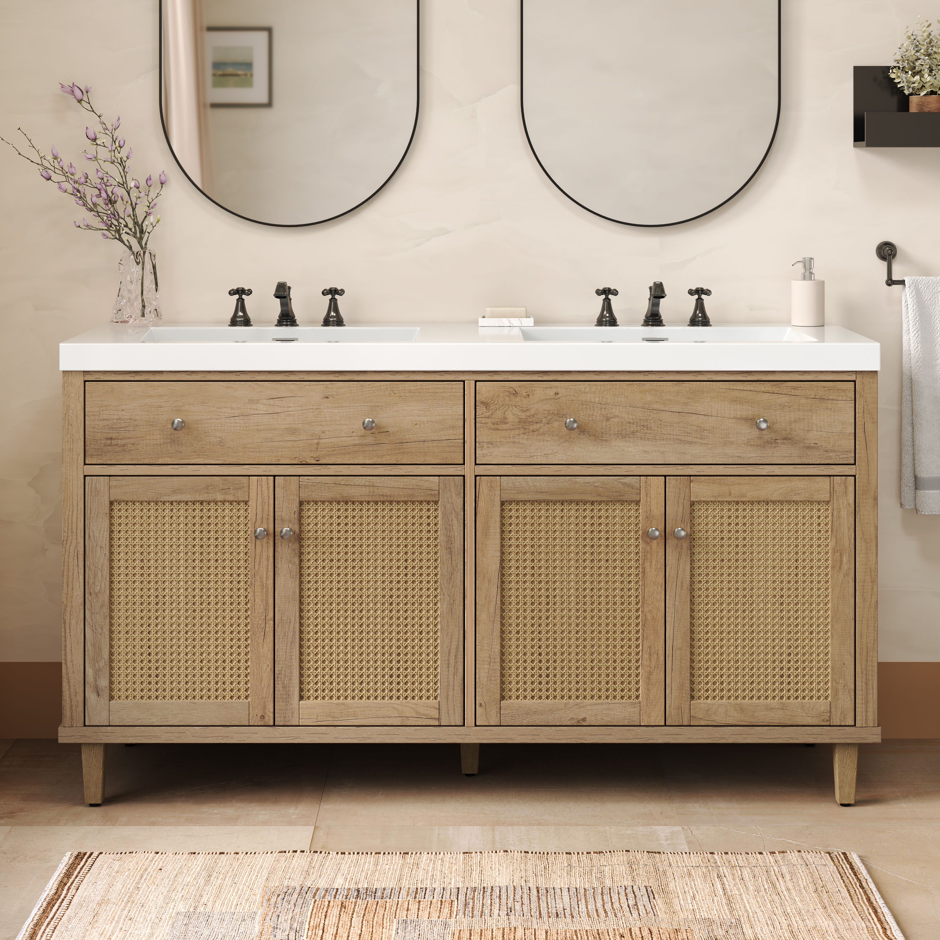 60 Inch Bathroom Vanity With Double Sink   SMC Sink  , Large Storage Space With 2 Tip-Out Trays   Flip-Out Drawers And 4 Soft Closing Doors, Solid Wood Legs And Silver Metal Knobs, Wood Color