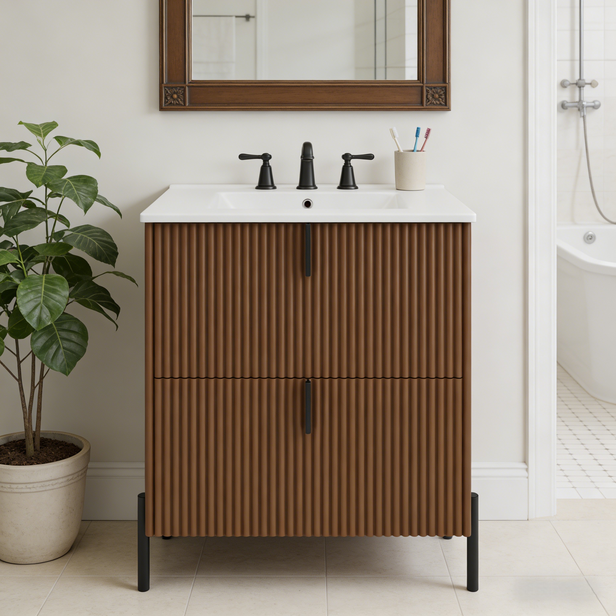 30  Bathroom Vanity With Ceramic Sink, Equipped With Vertical Pulls And Full-Extension Drawers, Freestanding Bathroom Vanity With Soft Close Drawer Slides, Fluted Design, Dark Brown